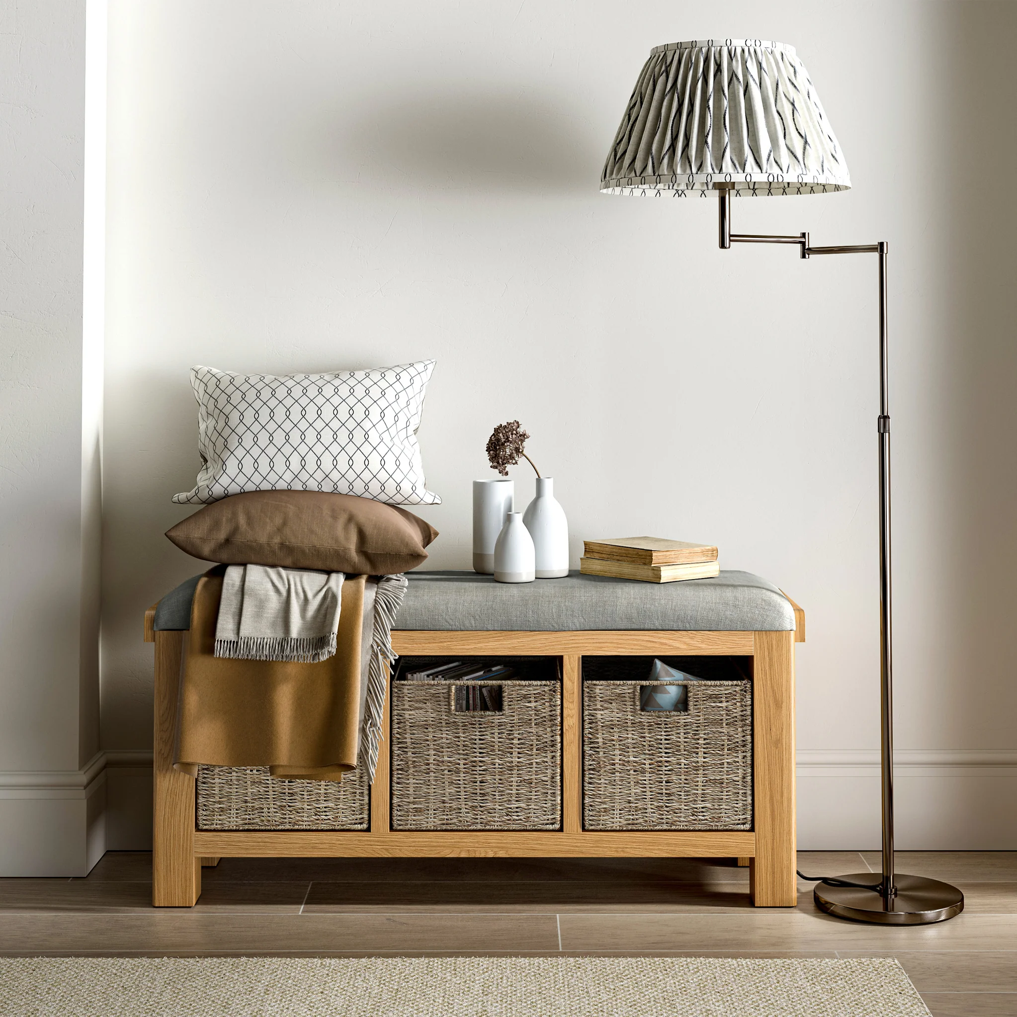 Portland Oak Storage Bench With Baskets - Image 4