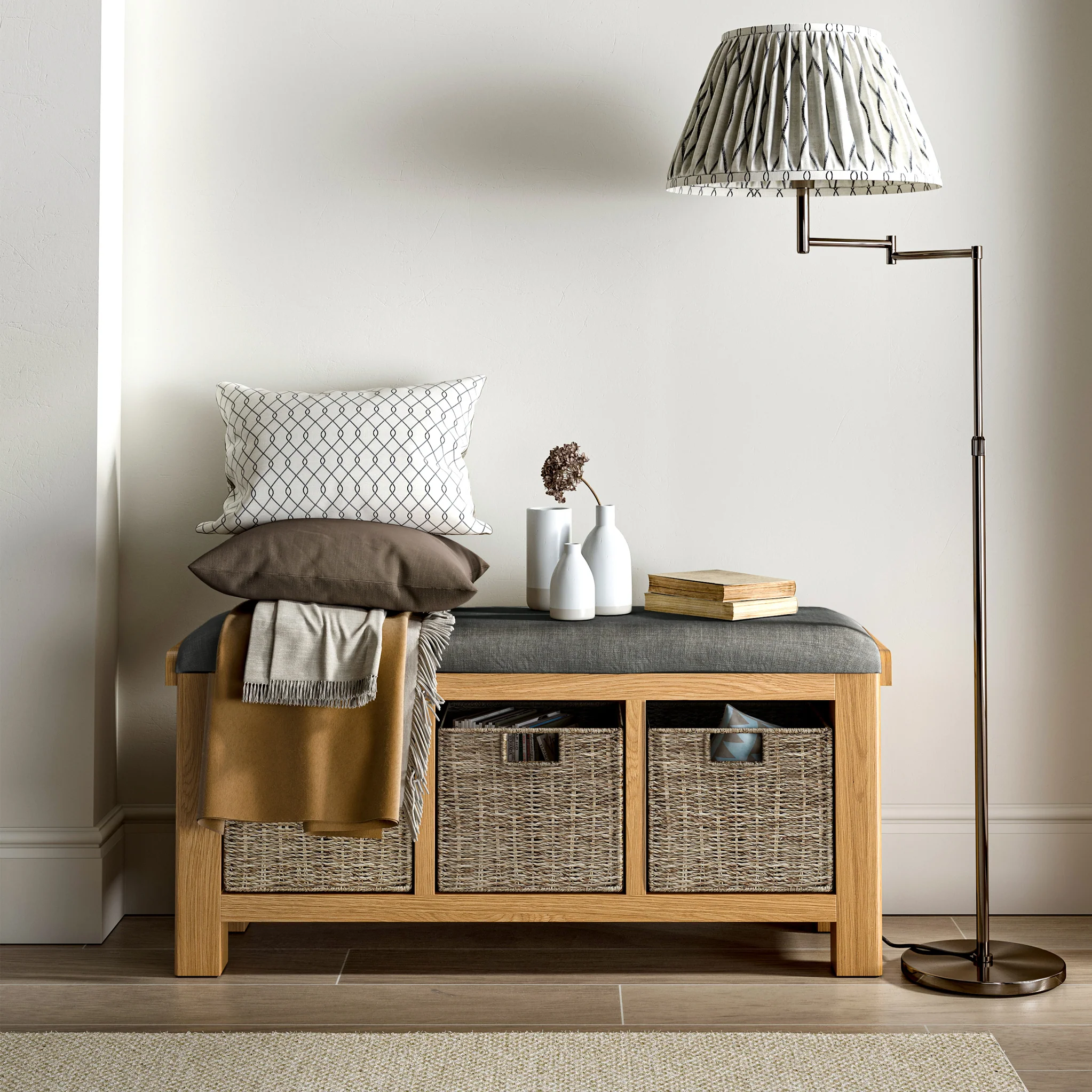 Portland Oak Storage Bench With Baskets - Image 6