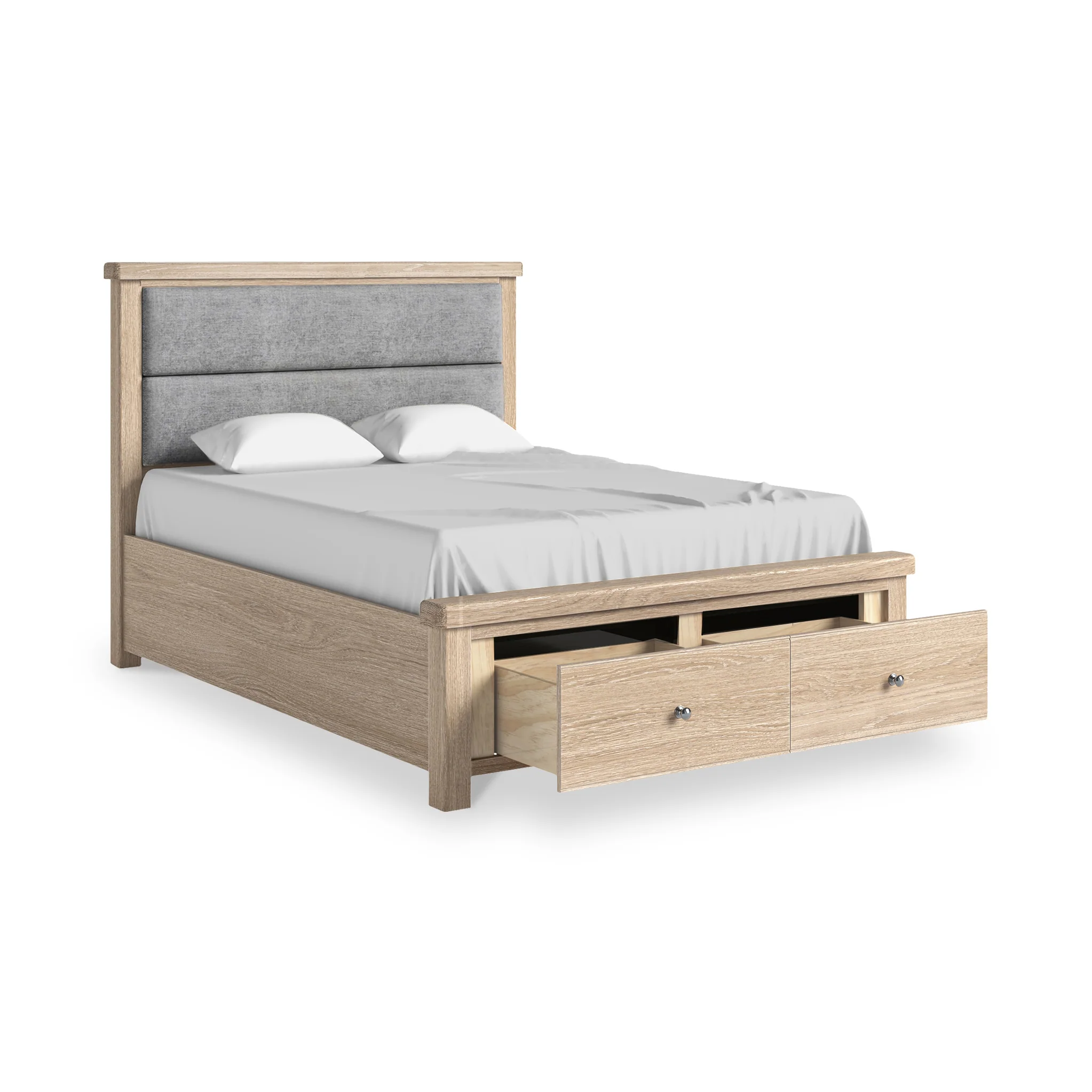 Portland Washed Oak Chenille Bed Frame with Drawers - Image 4