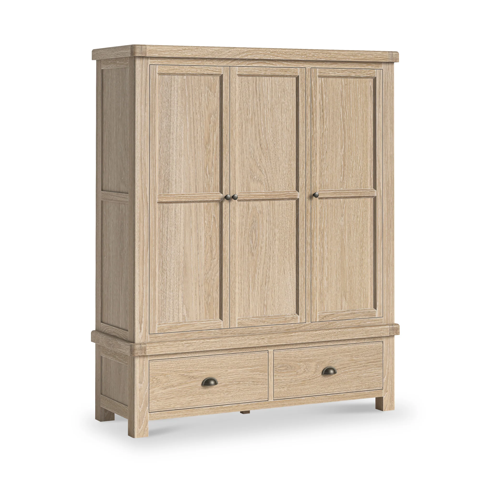 Portland Washed Oak Triple Wardrobe with 2 Drawers - Image 3