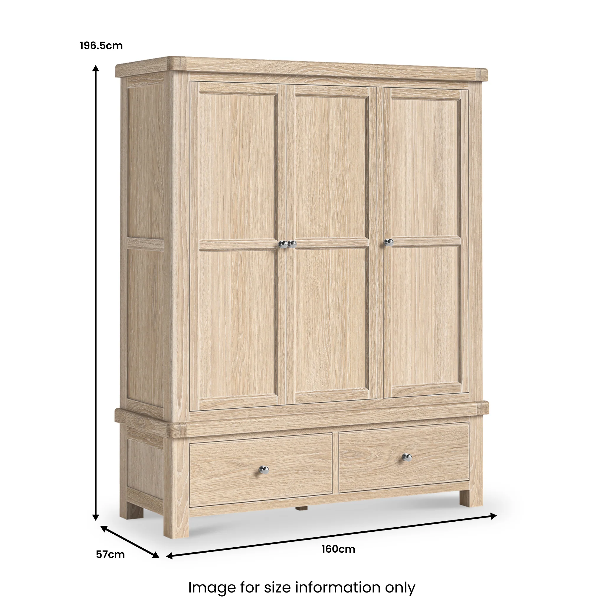 Portland Washed Oak Triple Wardrobe with 2 Drawers - Image 4