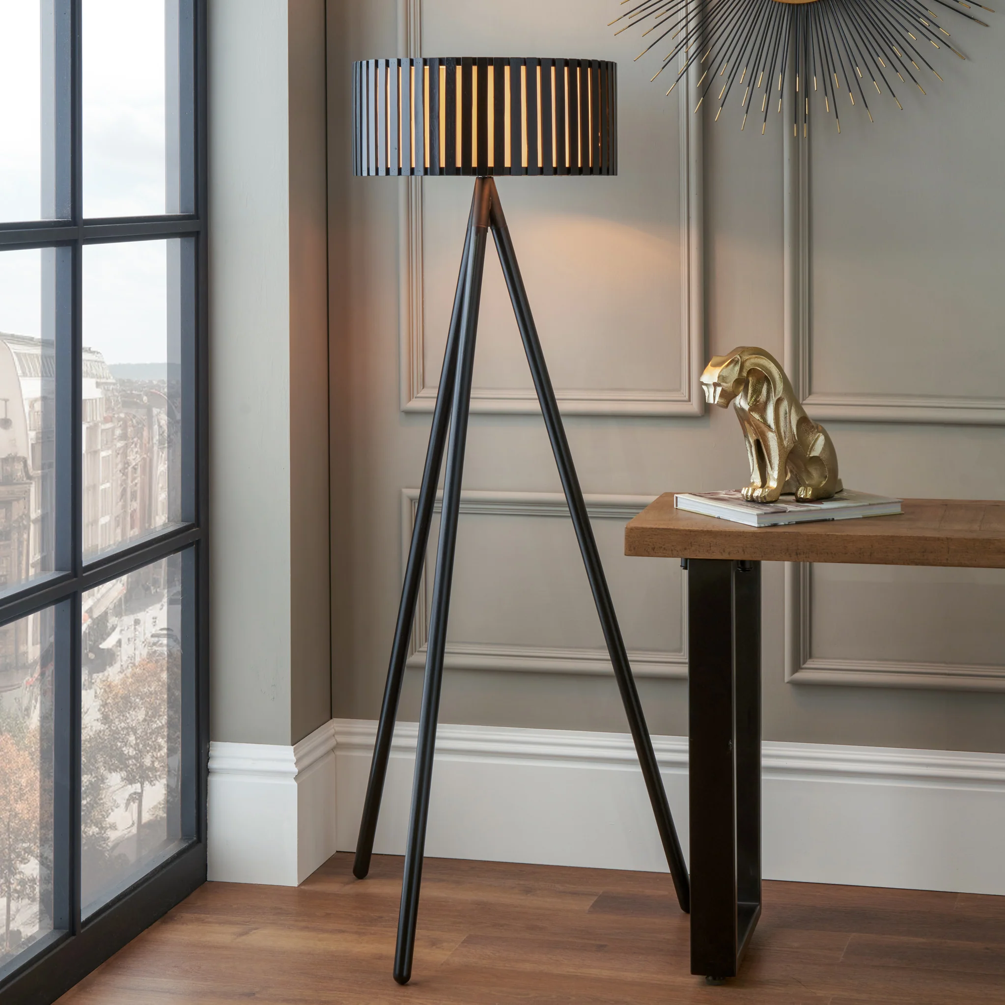 Rabanne Slatted Black Wood Tripod Floor Lamp - Image 2