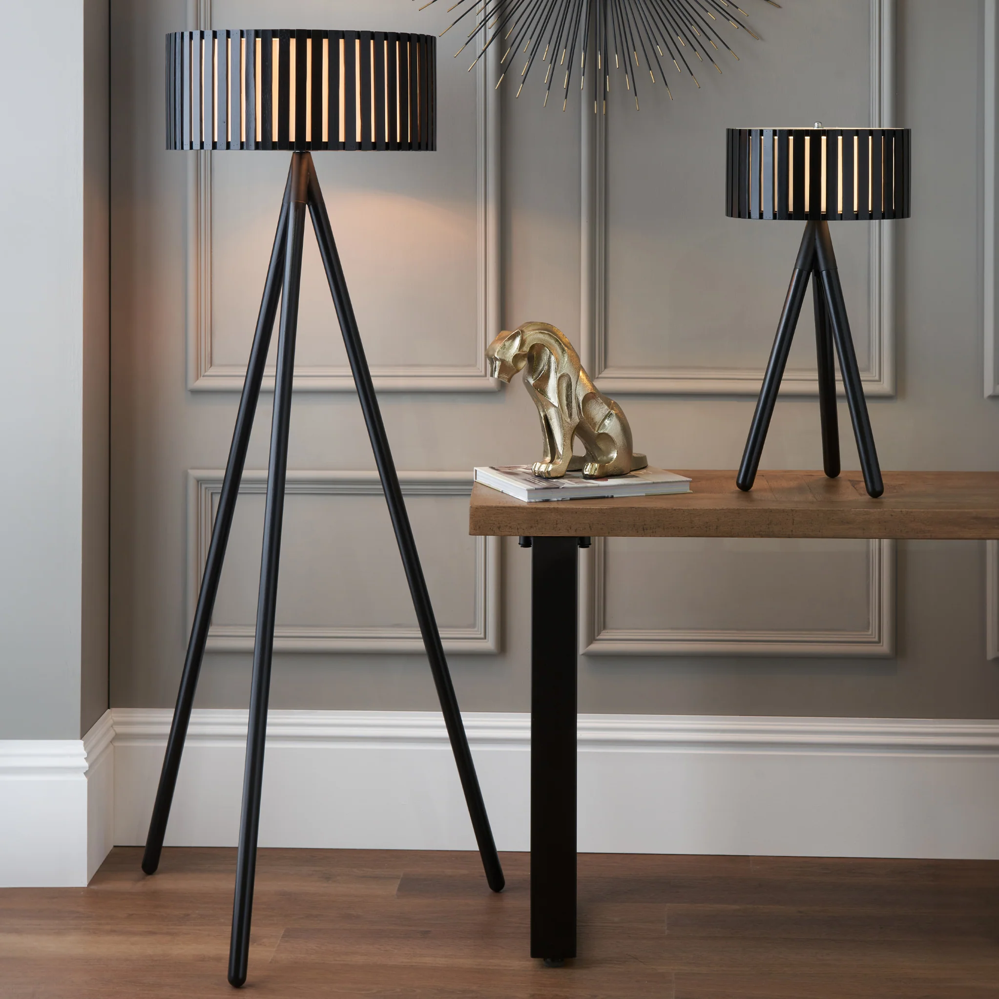 Rabanne Slatted Black Wood Tripod Floor Lamp - Image 6