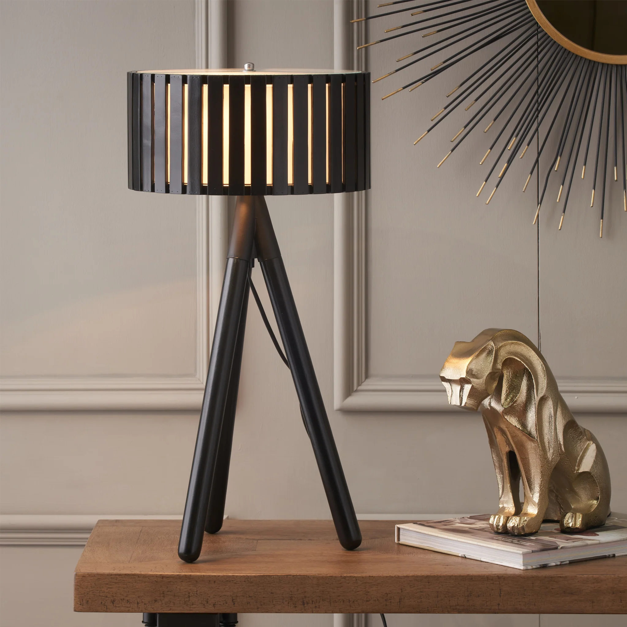 Rabanne Slatted Black Wood Tripod Table Lamp - Image 2