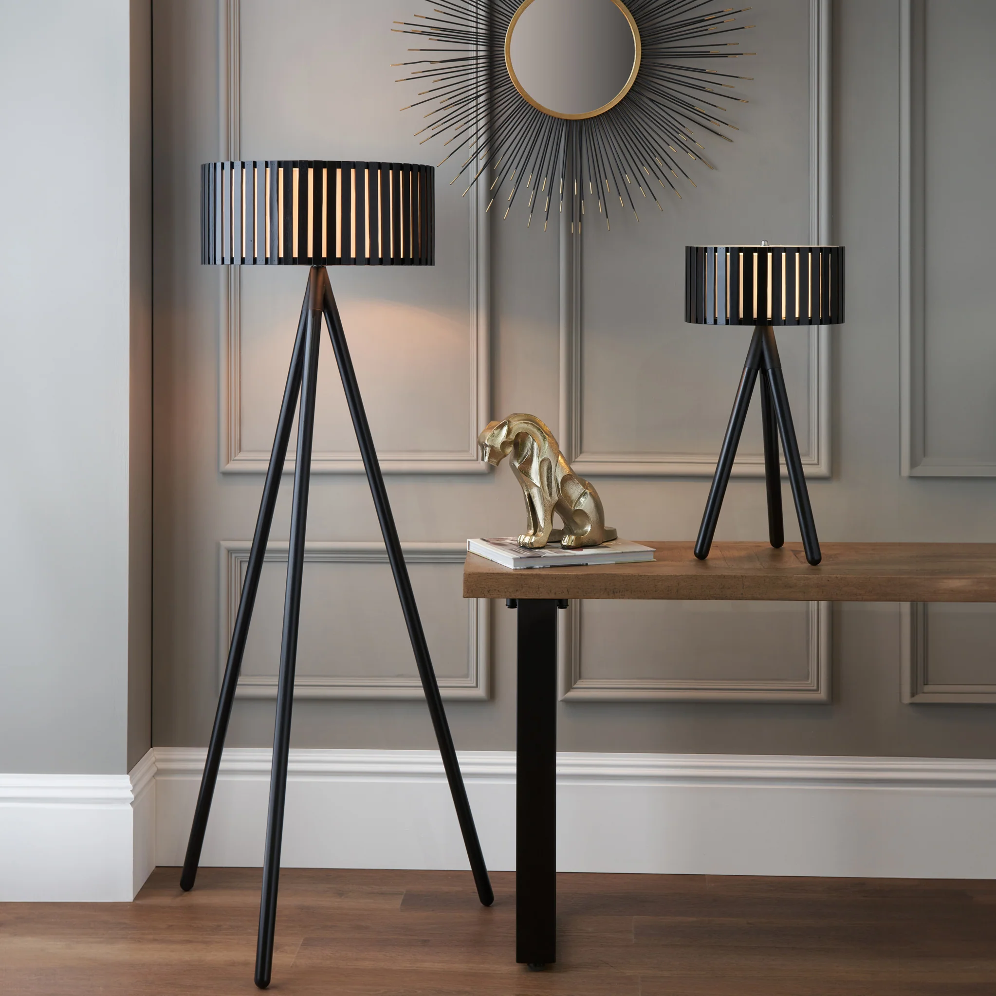 Rabanne Slatted Black Wood Tripod Table Lamp - Image 7