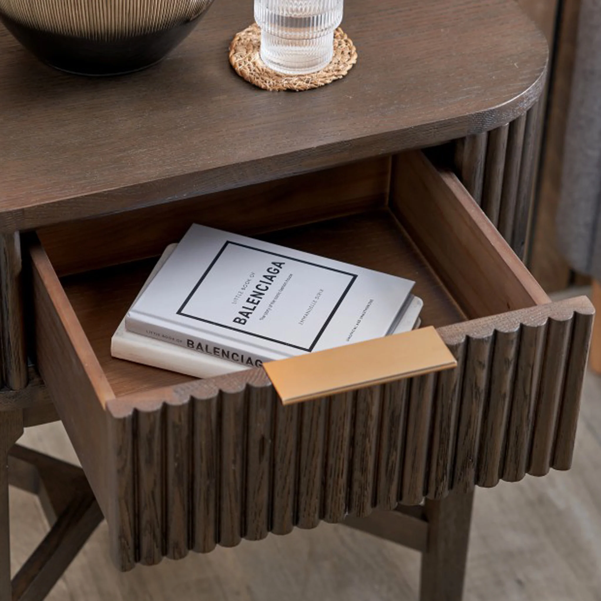 Raie Fluted Oak and Pine 1 Drawer Bedside Table - Image 6