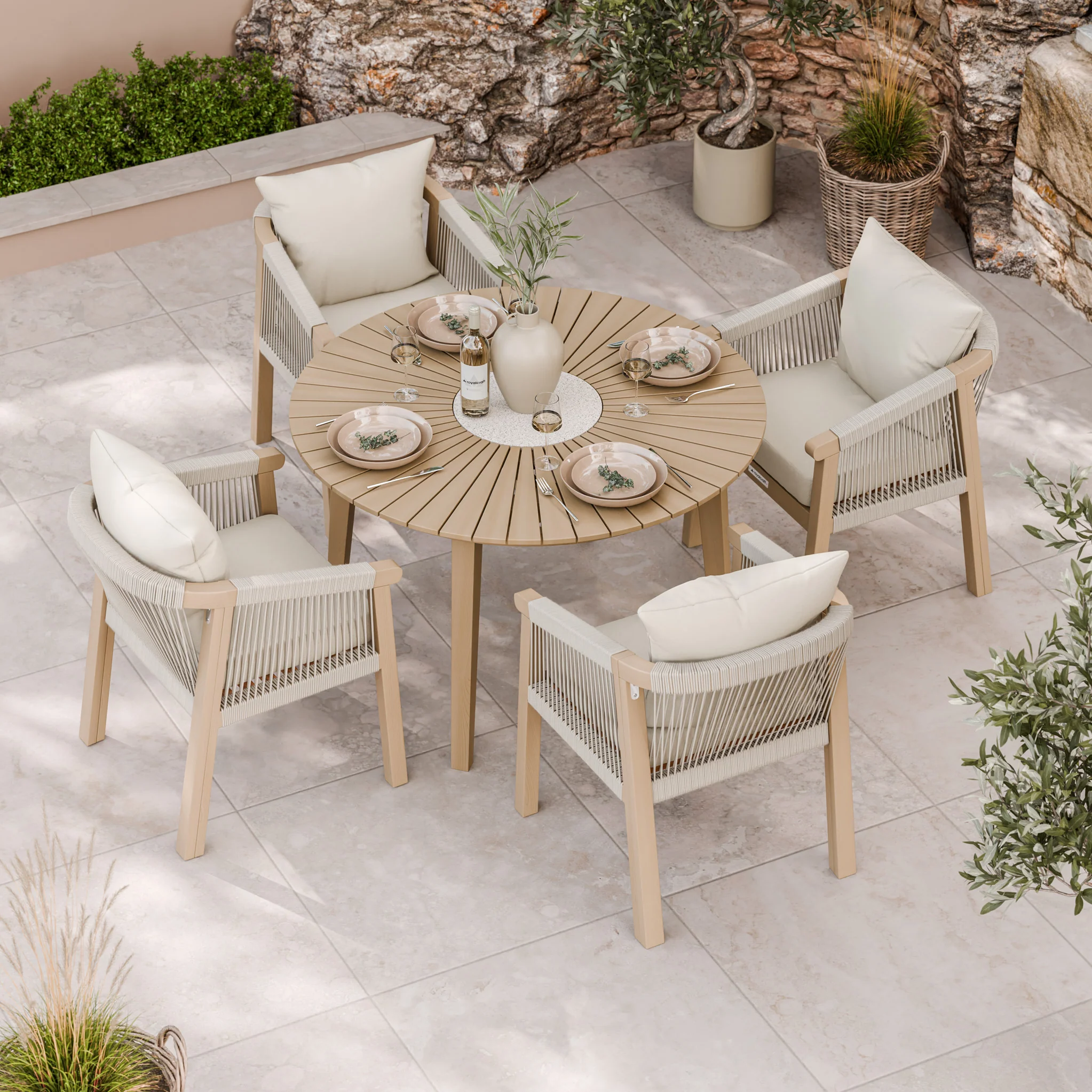 Roma FSC 4 Seater Round Sunray with Concrete Insert Dining Set with Roma Dining Chairs