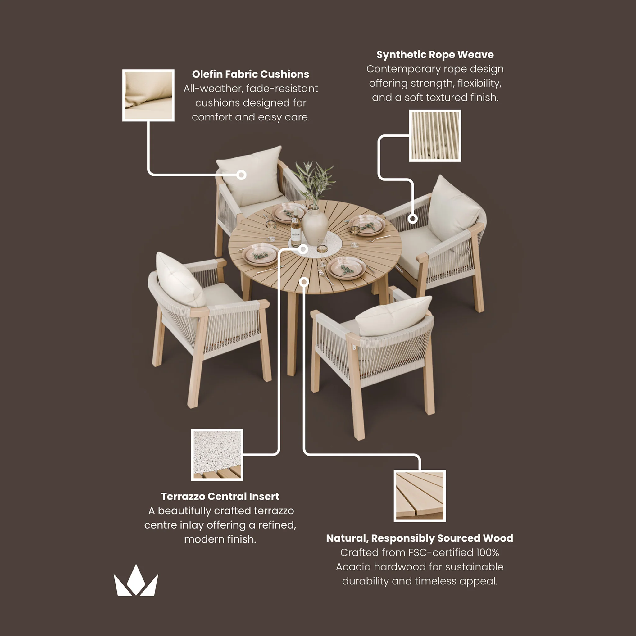 Roma FSC 4 Seater Round Sunray with Concrete Insert Dining Set with Roma Dining Chairs - Image 8