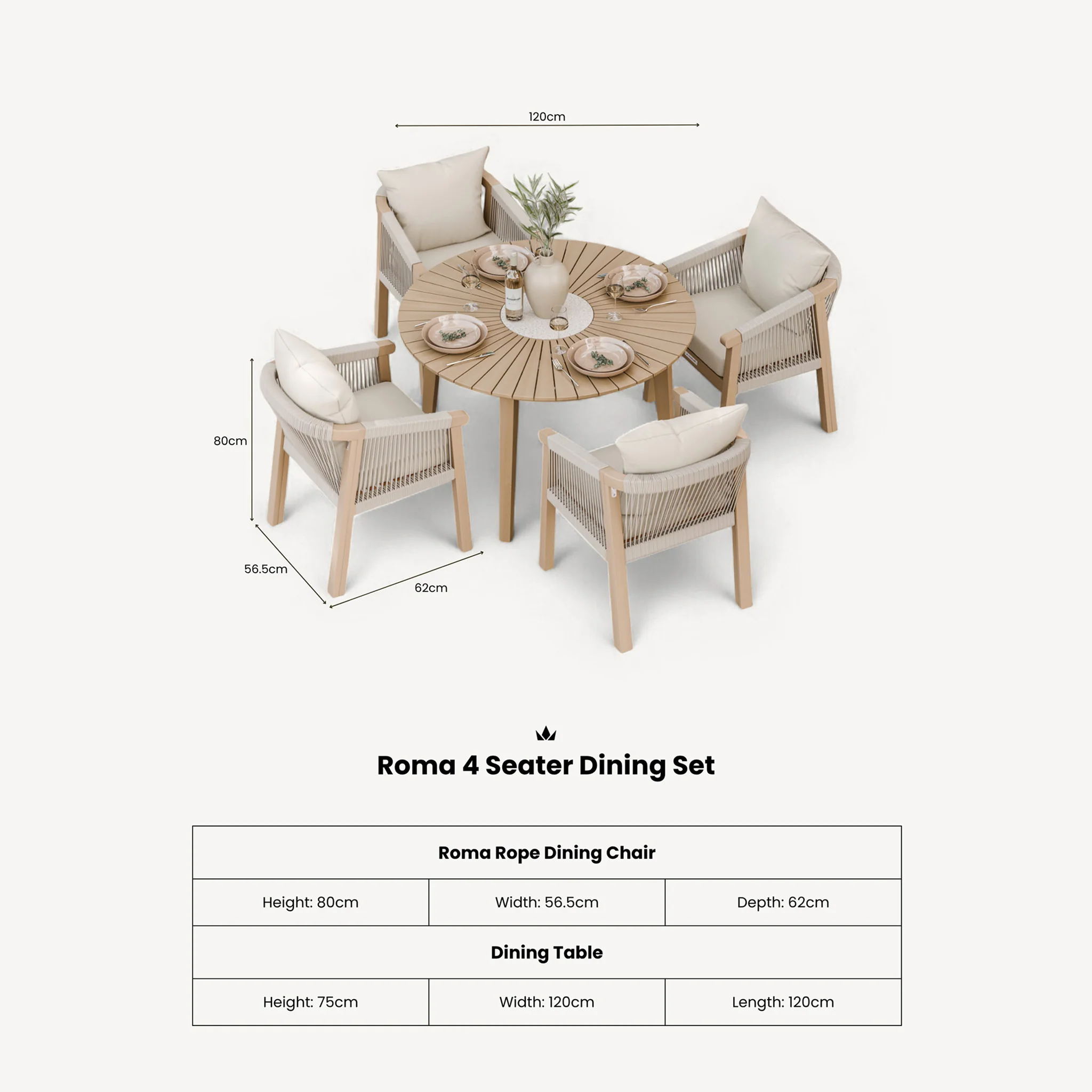 Roma FSC 4 Seater Round Sunray with Concrete Insert Dining Set with Roma Dining Chairs - Image 9
