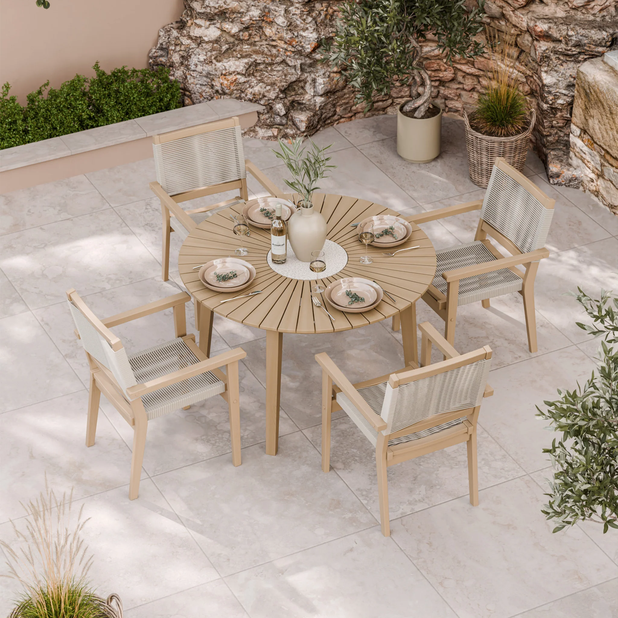 Roma FSC 4 Seater Round Sunray with Concrete Insert Dining Set with Roma Rope Stacking Chairs