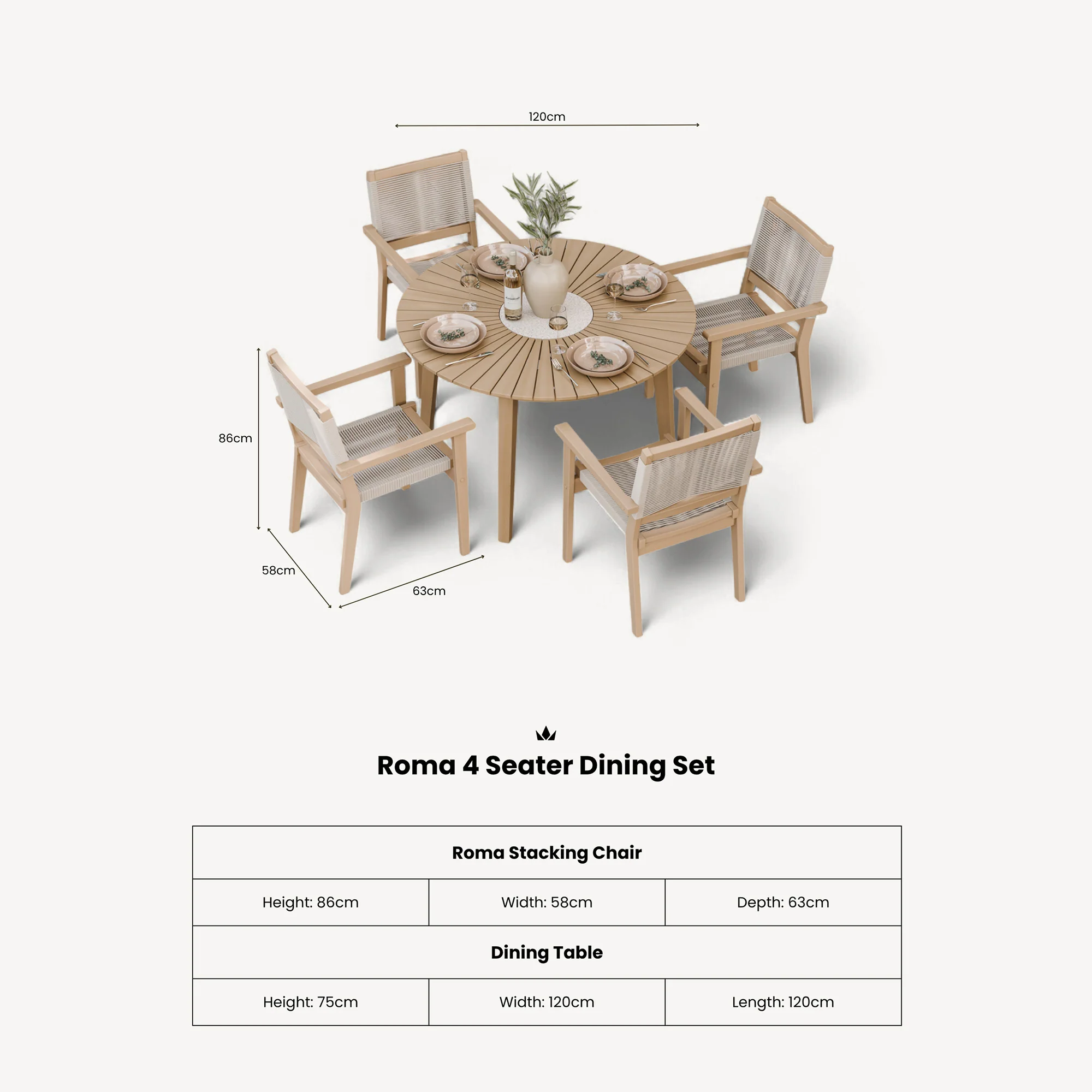 Roma FSC 4 Seater Round Sunray with Concrete Insert Dining Set with Roma Rope Stacking Chairs - Image 11