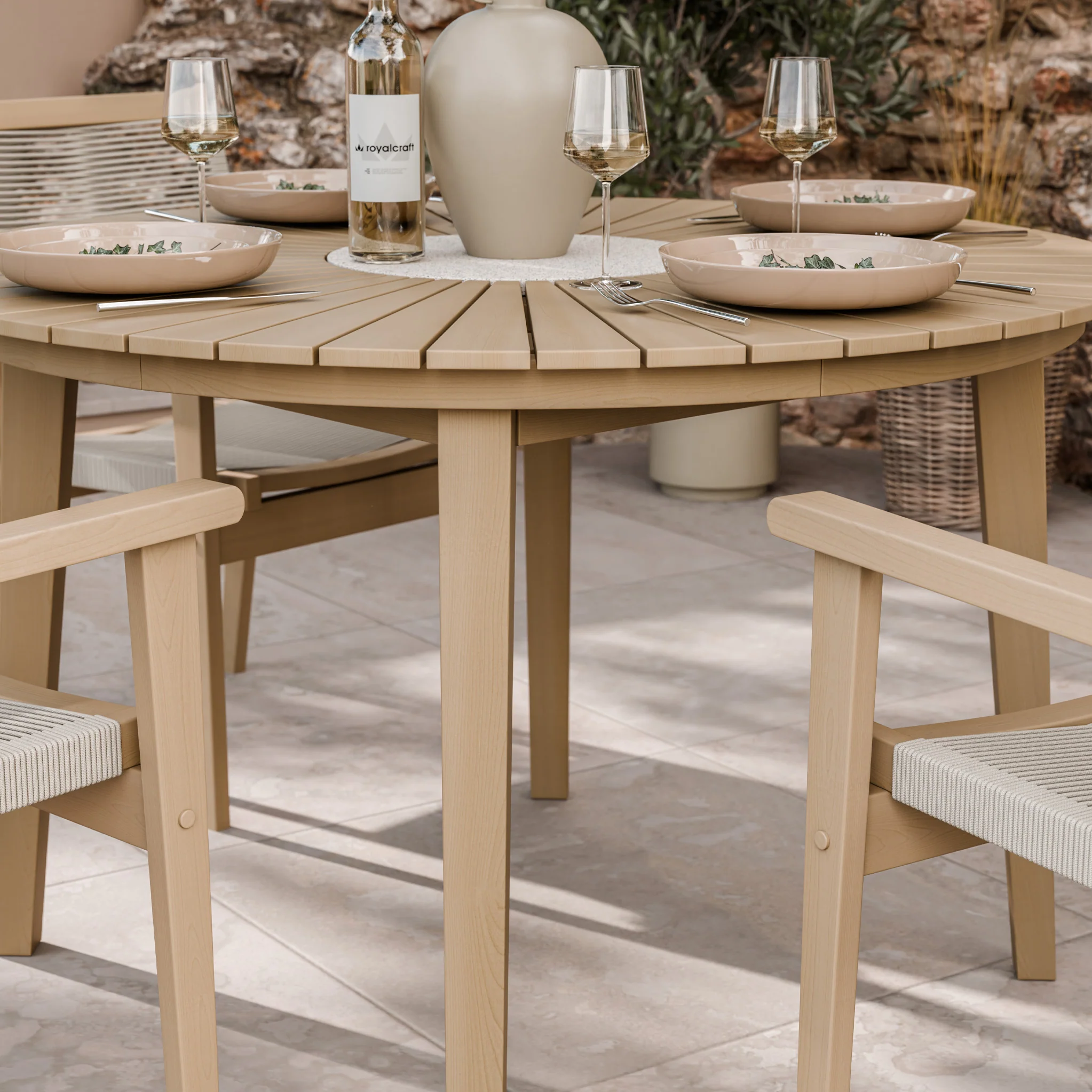 Roma FSC 4 Seater Round Sunray with Concrete Insert Dining Set with Roma Rope Stacking Chairs - Image 2