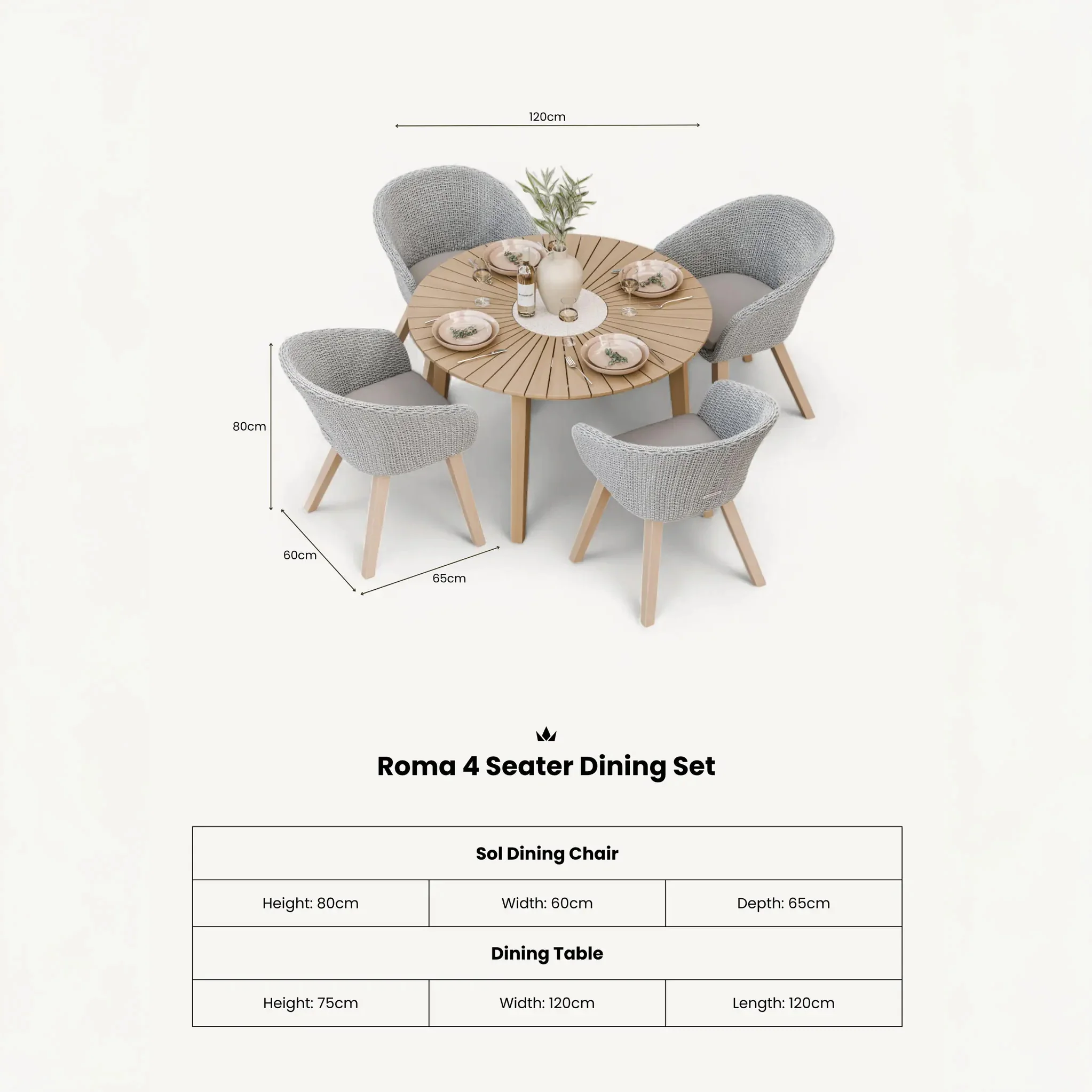 Roma FSC 4 Seater Round Sunray with Concrete Insert Dining Set with Sol Dining Chairs - Image 10
