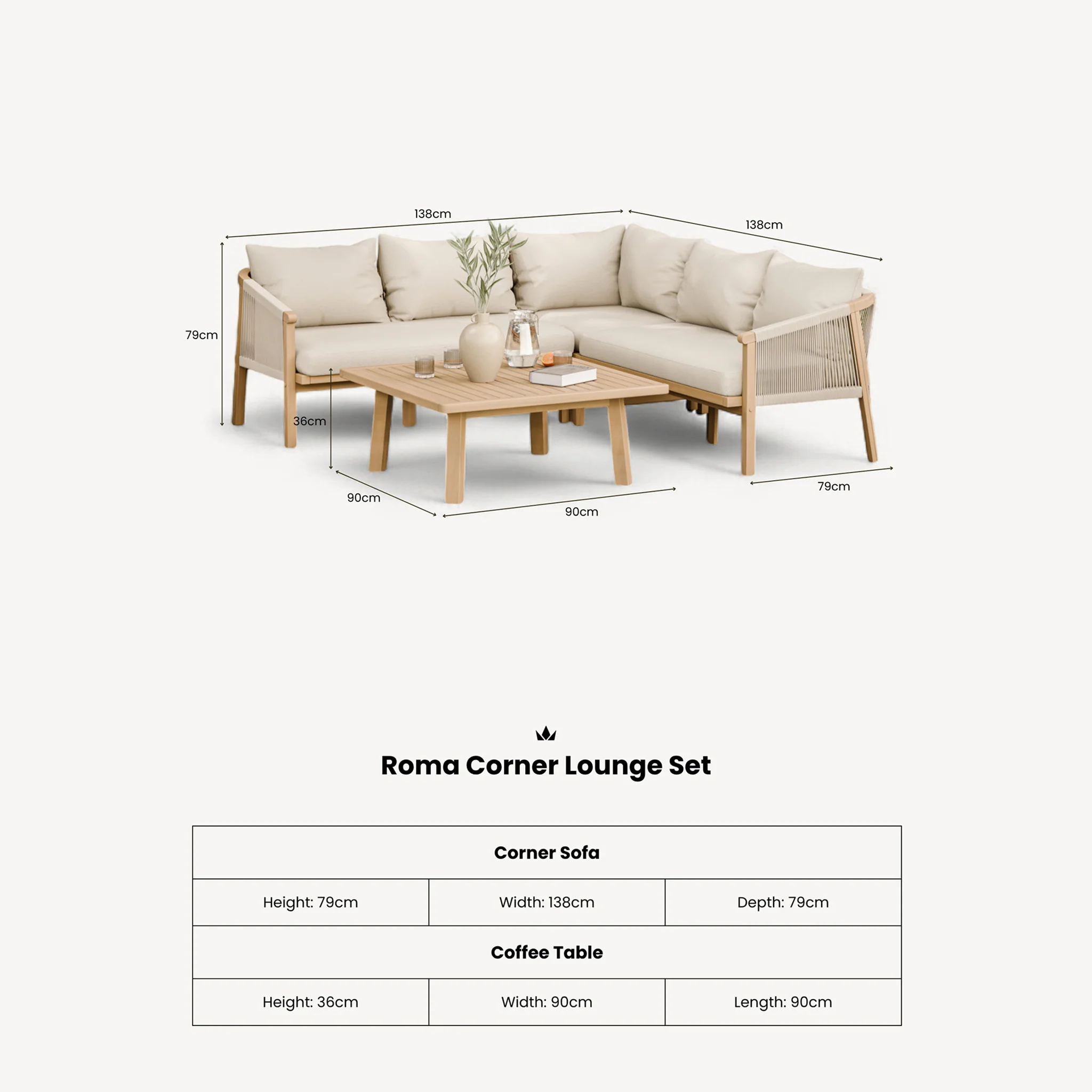 Roma FSC 5 Seater Corner Lounge Set with 90cm Square Coffee Table - Image 15
