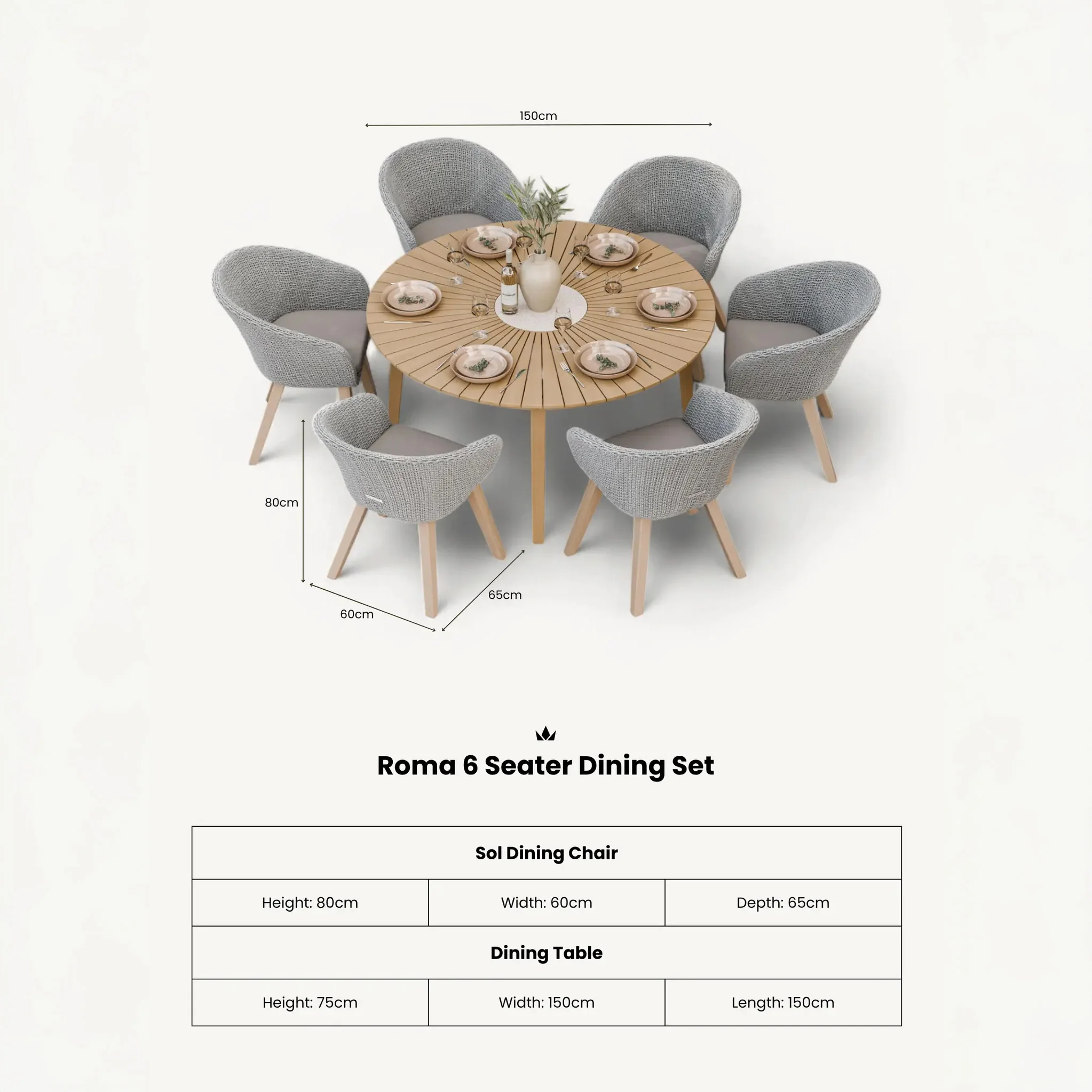 Roma FSC 6 Seater 150cm Round Sunray with Concrete Insert Dining Set with 6 Sol Dining Chairs - Image 10