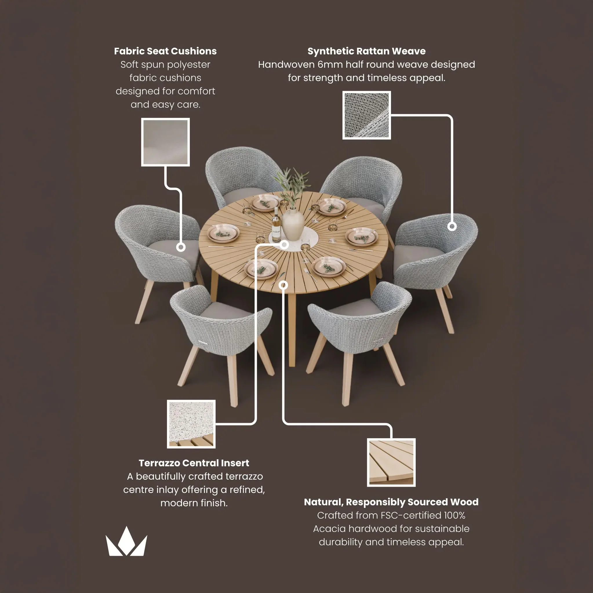 Roma FSC 6 Seater 150cm Round Sunray with Concrete Insert Dining Set with 6 Sol Dining Chairs - Image 9