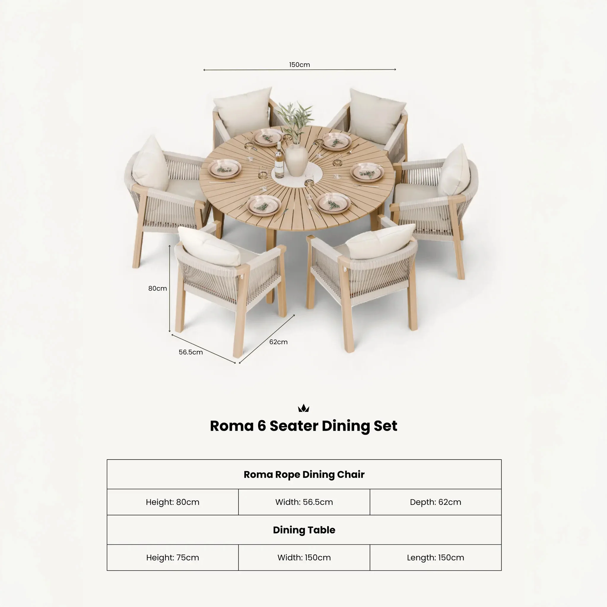 Roma FSC 6 Seater Round Sunray with Concrete Insert Dining Set with Roma Dining Chairs - Image 9