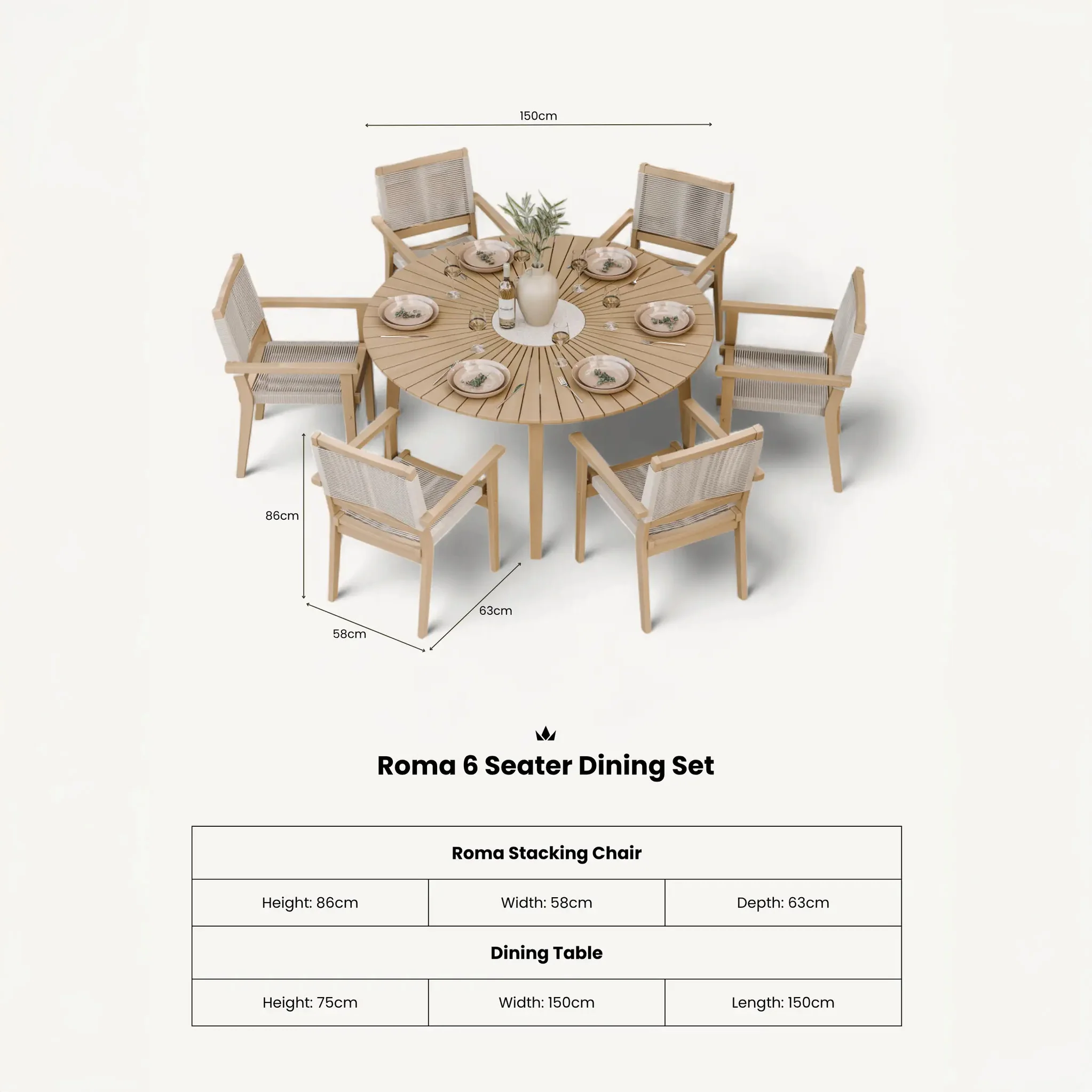 Roma FSC 6 Seater Round Sunray with Concrete Insert Dining Set with Roma Rope Stacking Chairs - Image 11