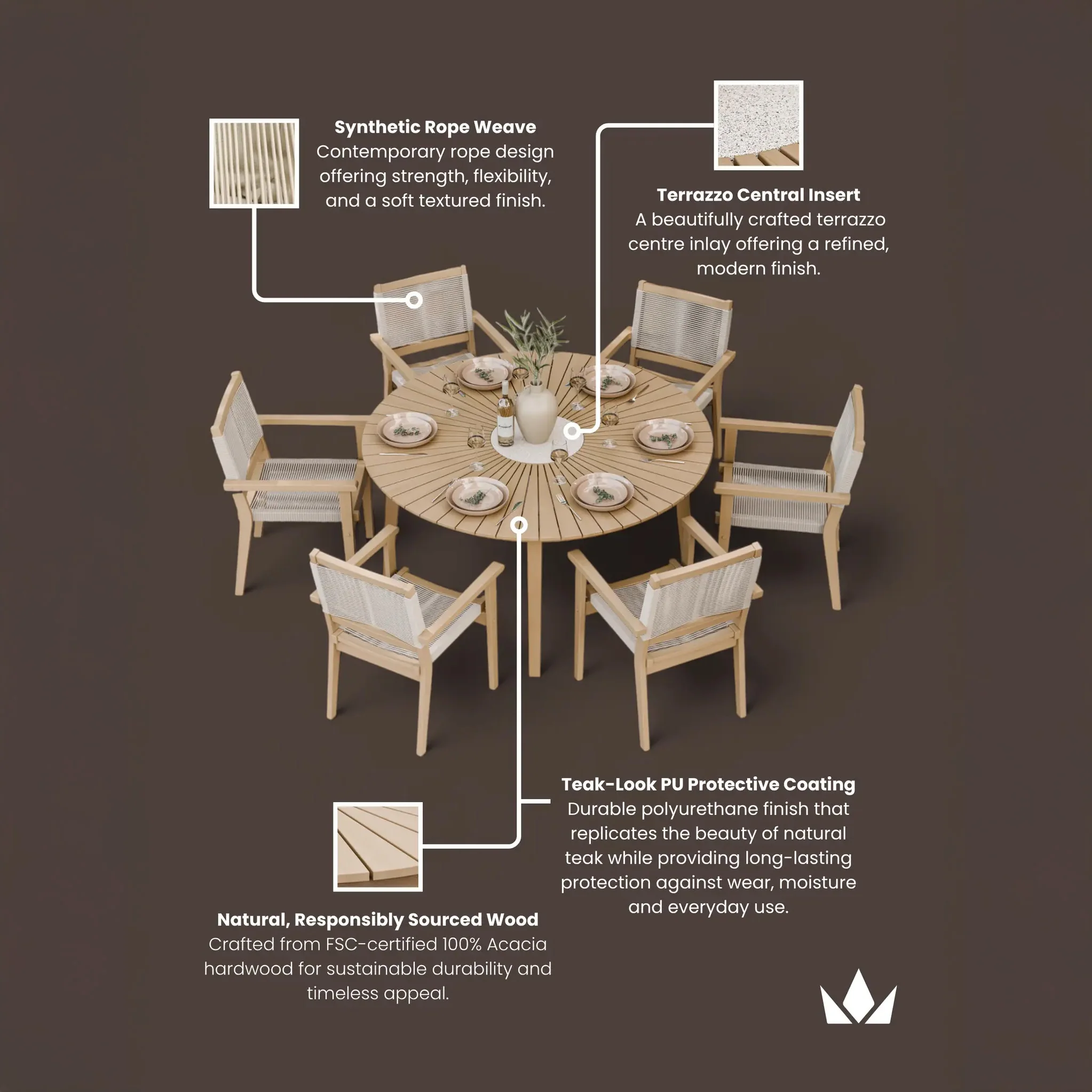 Roma FSC 6 Seater Round Sunray with Concrete Insert Dining Set with Roma Rope Stacking Chairs - Image 12