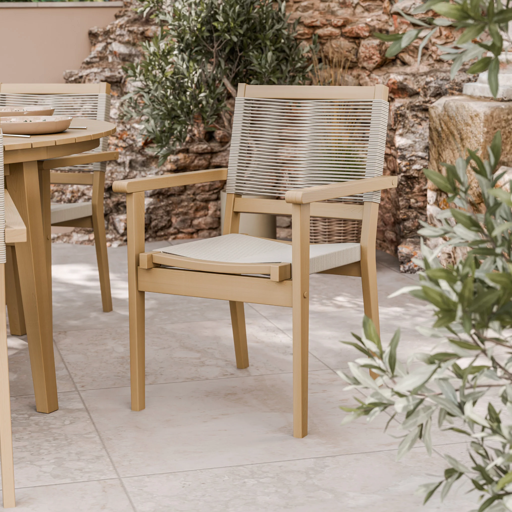 Roma FSC 6 Seater Round Sunray with Concrete Insert Dining Set with Roma Rope Stacking Chairs - Image 4