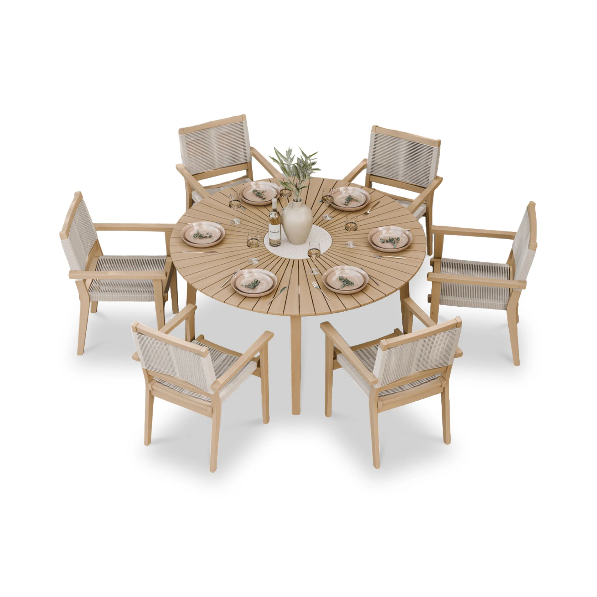 Roma FSC 6 Seater Round Sunray with Concrete Insert Dining Set with Roma Rope Stacking Chairs - Image 5