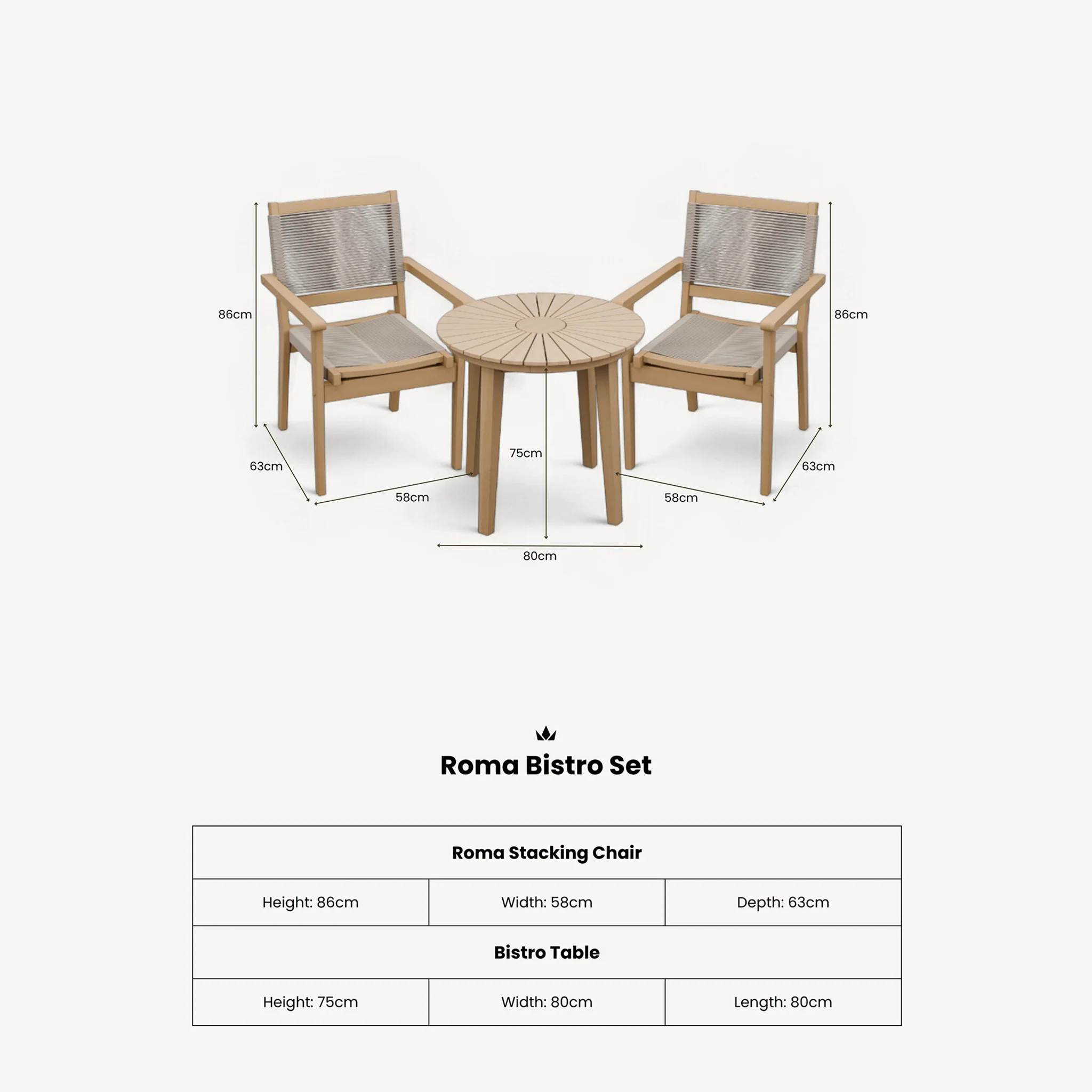 Roma FSC 80cm Sunray Bistro Set with 2 Stacking Rope Chairs - Image 13