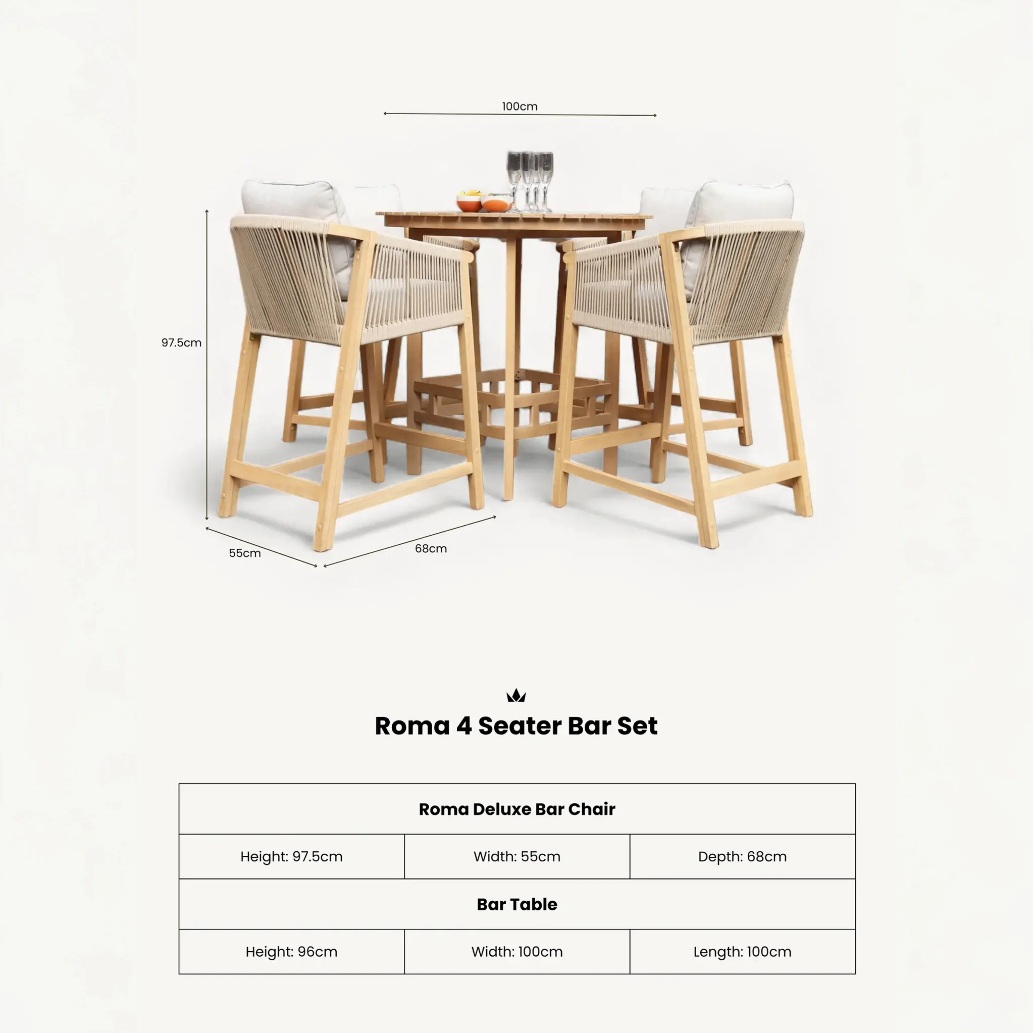 Roma FSC Bar Set 100cm High Table With 4 Deluxe Bar Stools - Image 11