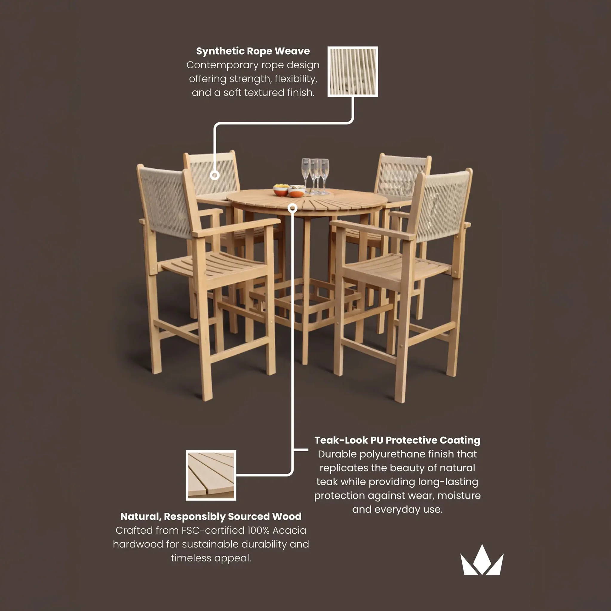 Roma FSC Bar Set 100cm High Table With 4 Rope Bar Stools - Image 11