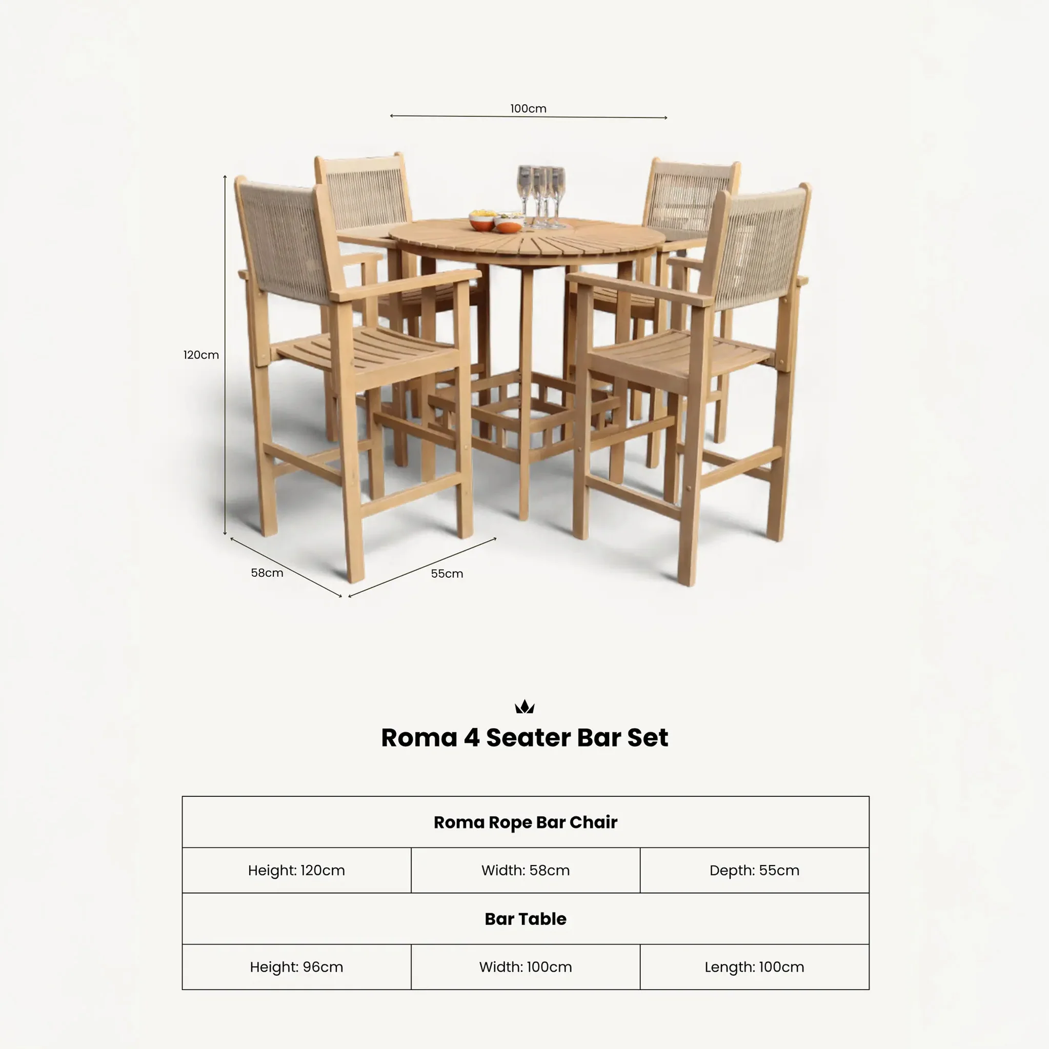 Roma FSC Bar Set 100cm High Table With 4 Rope Bar Stools - Image 12