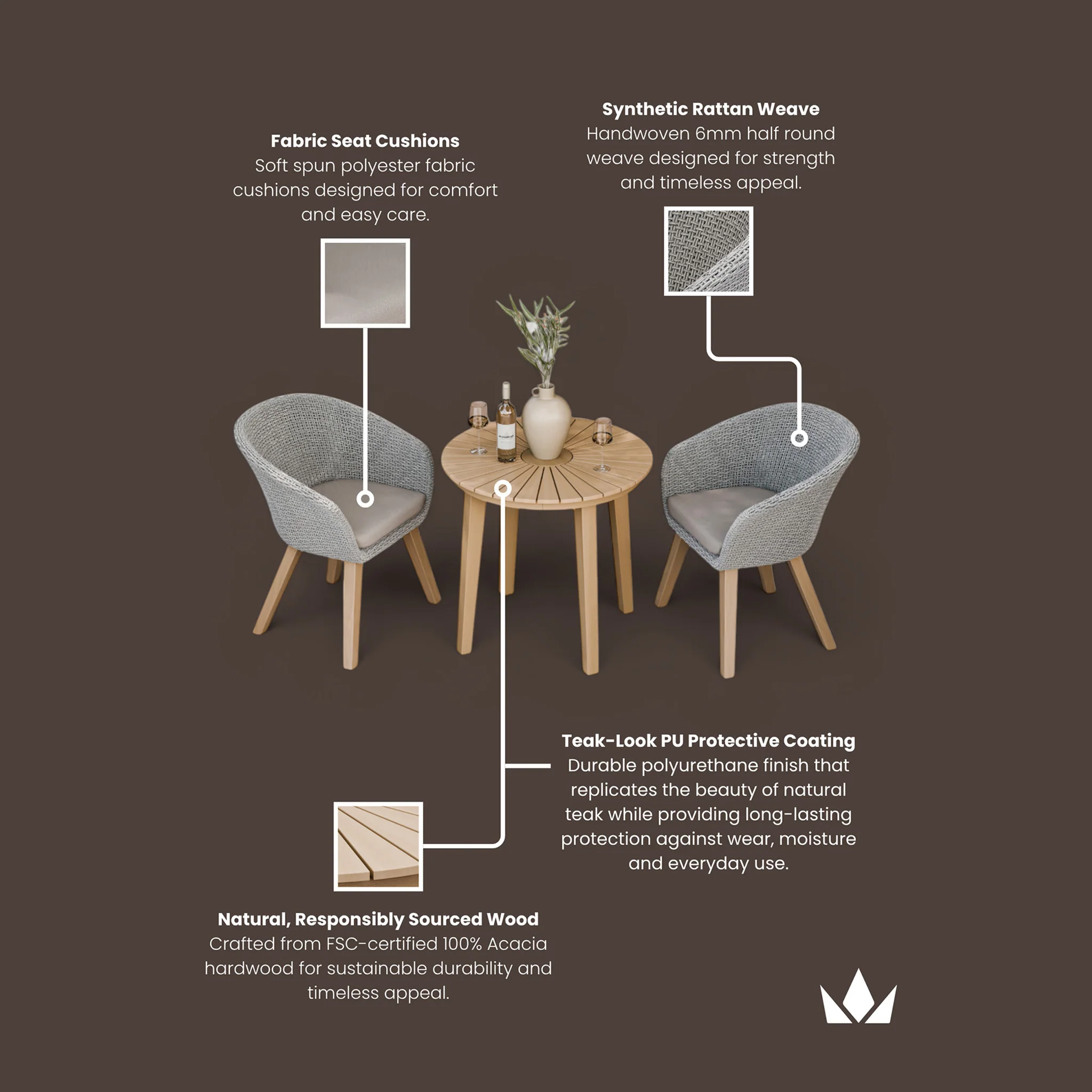 Roma FSC Sunray 80cm Bistro Set with 2 Sol Dining Chairs - Image 10