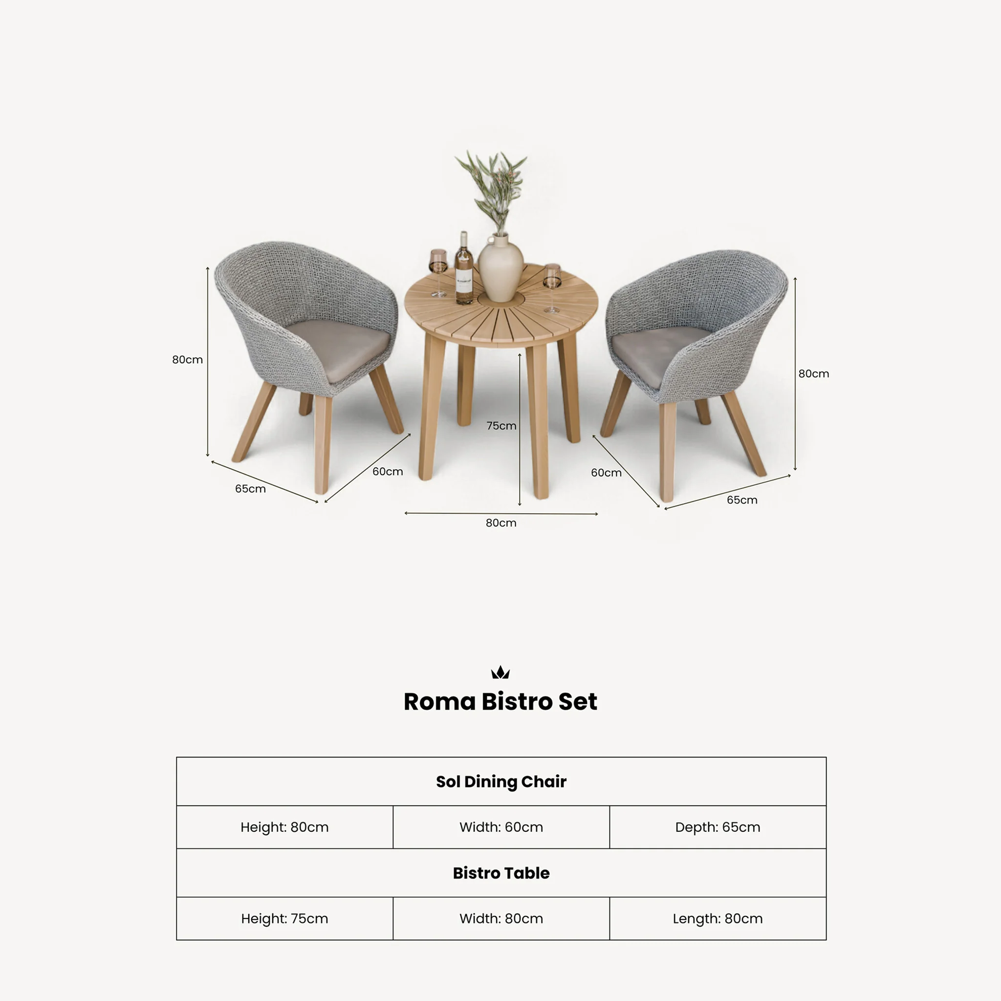 Roma FSC Sunray 80cm Bistro Set with 2 Sol Dining Chairs - Image 9