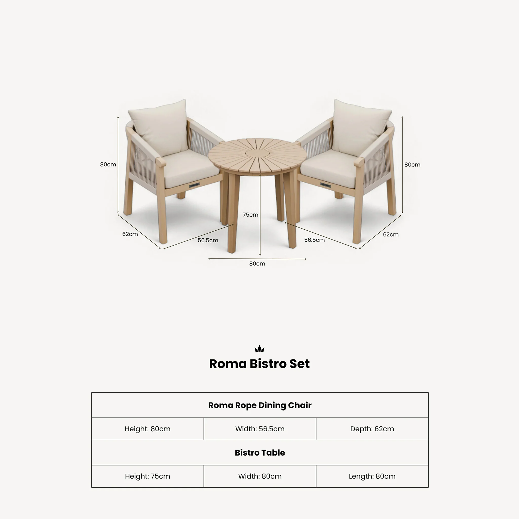 Roma FSC Sunray Bistro Set 80cm Table with 2 Roma Dining Chairs - Image 10