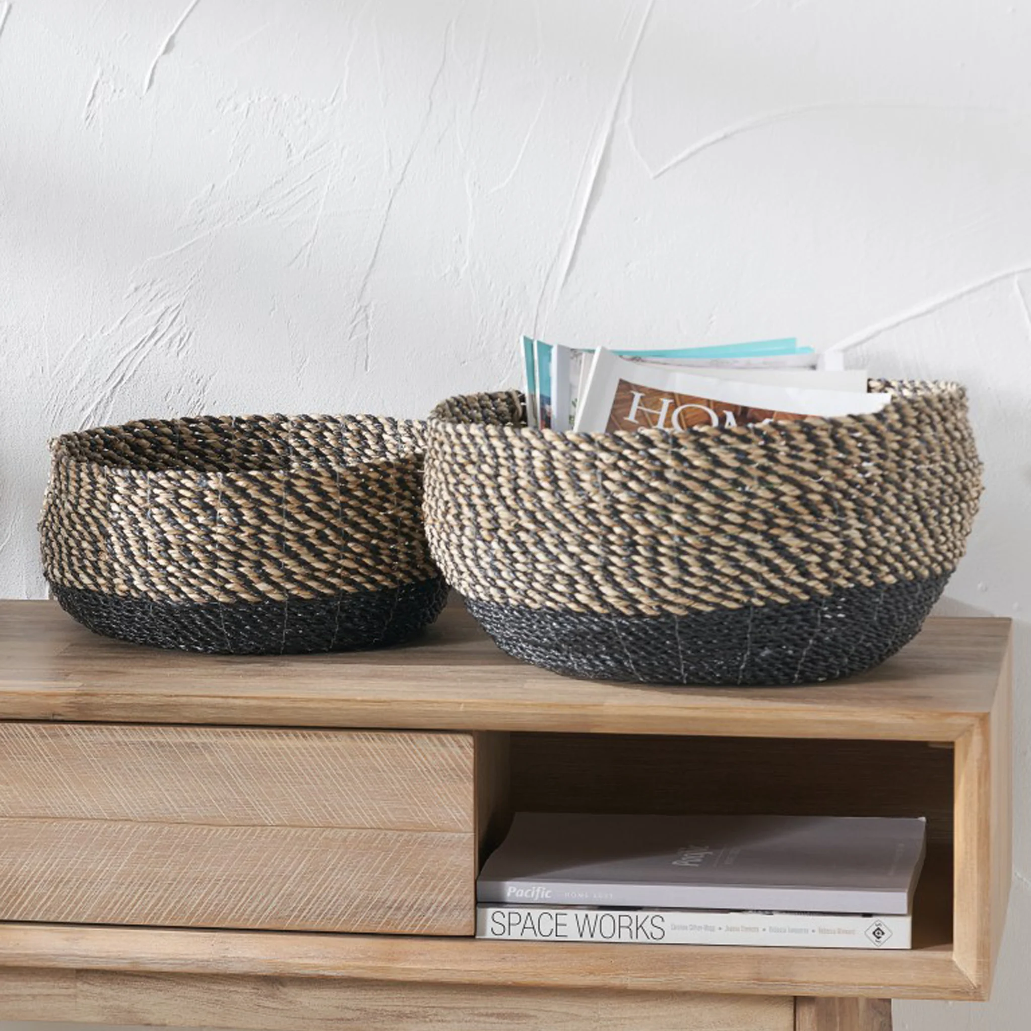 Seagrass Natural and Black Round Baskets Set of 2 - Image 2
