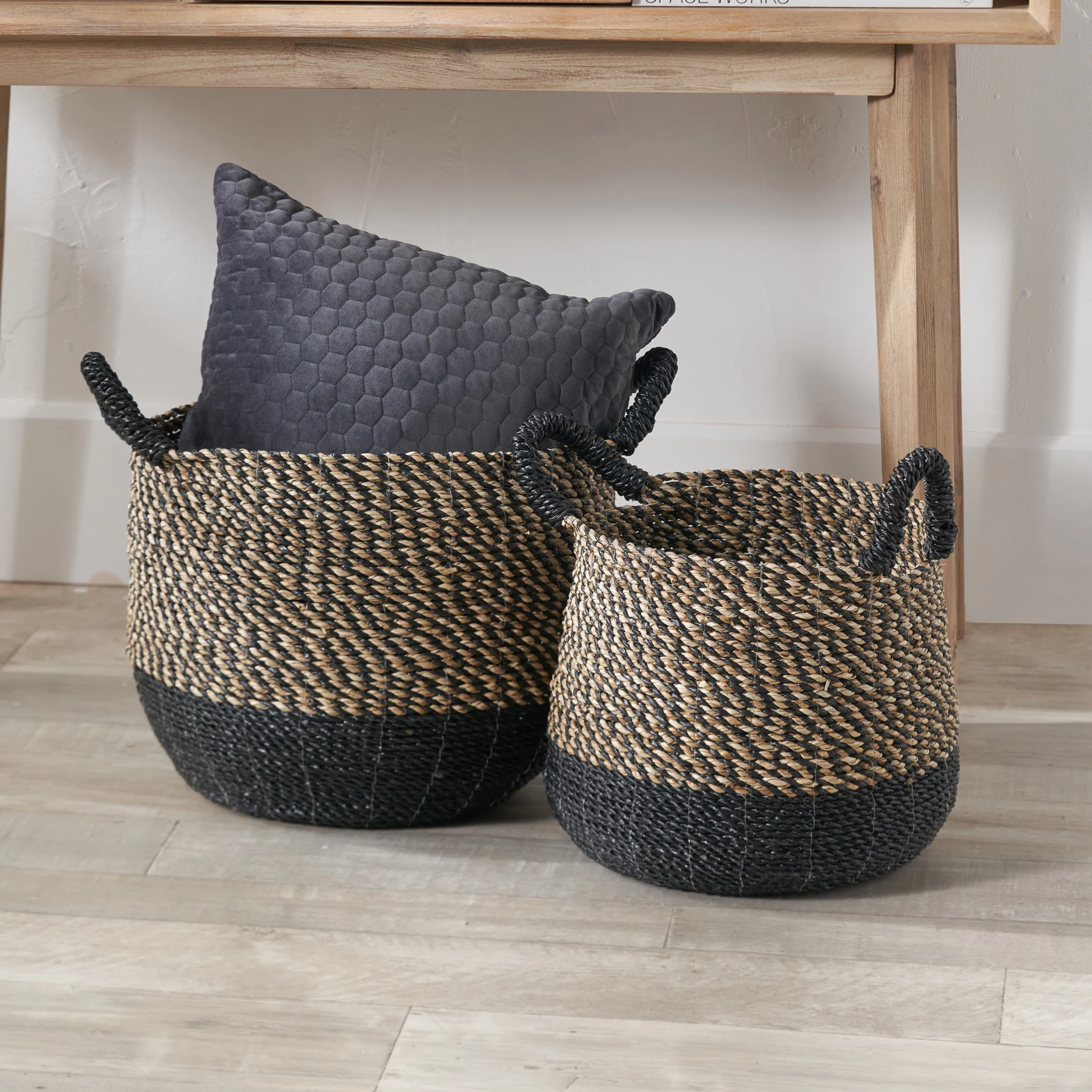 Seagrass Natural and Black Round Handled Baskets Set of 2 - Image 2