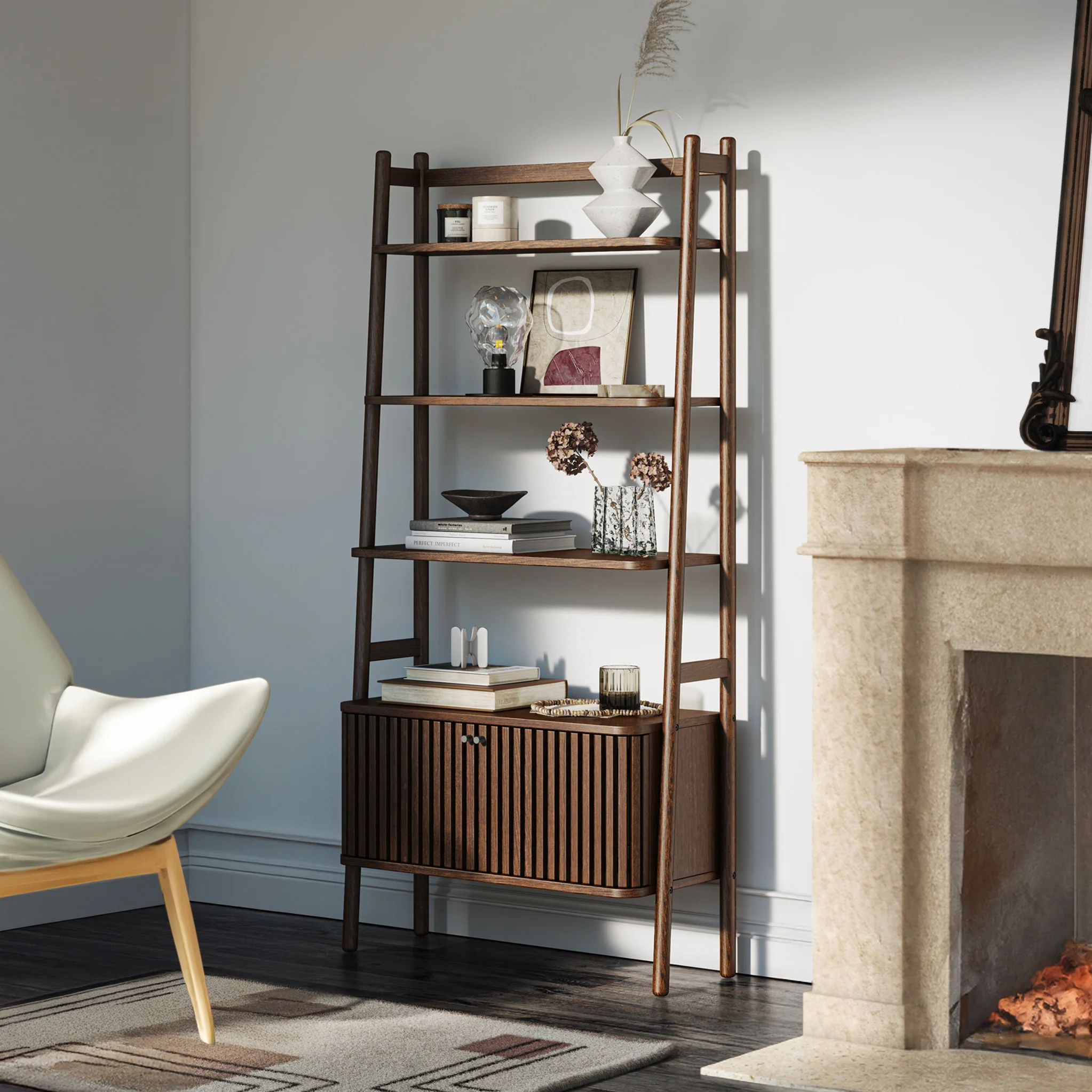 Shorwell Dark Oak Large Bookcase with 2 Door Slatted Cupboard - Image 2