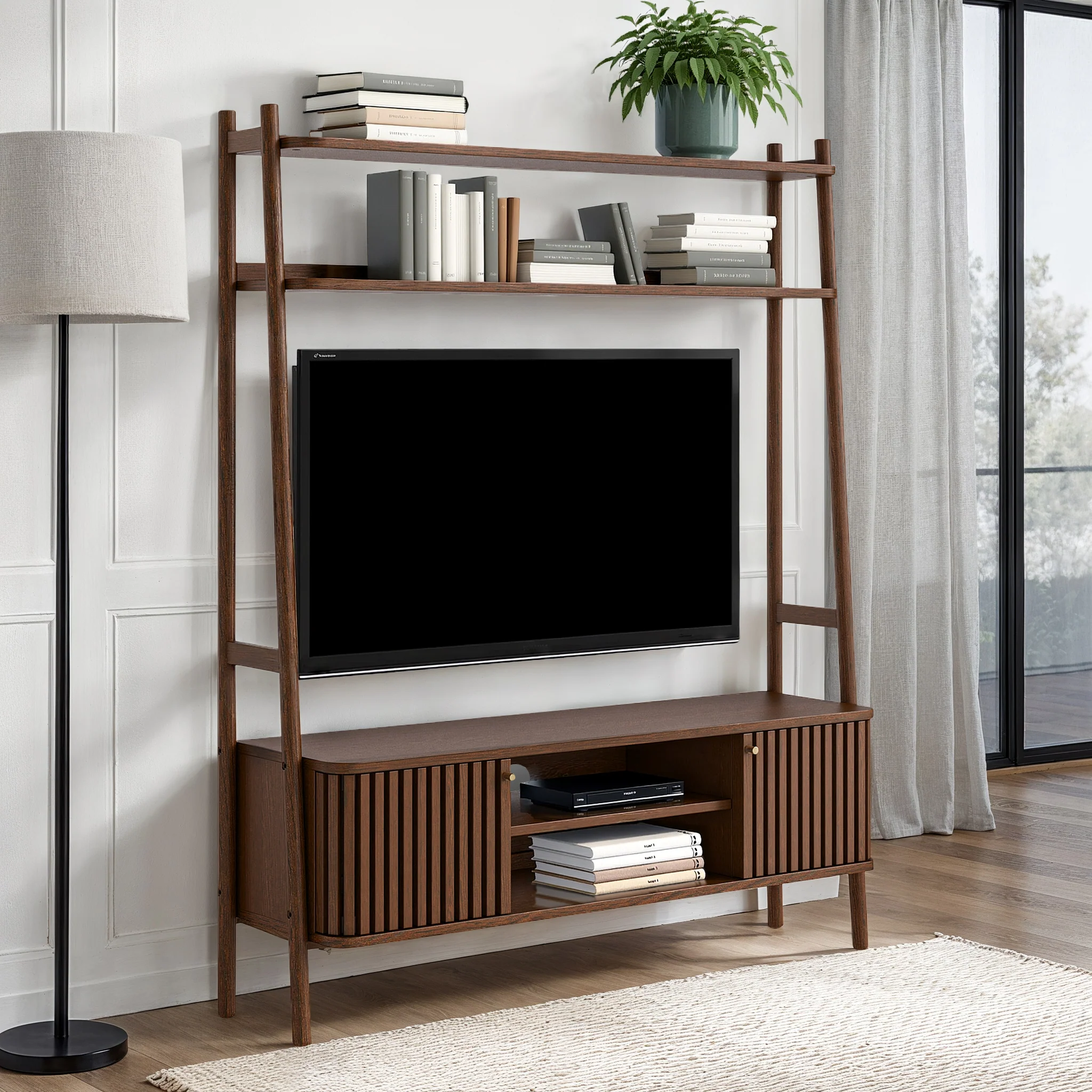 Shorwell Dark Oak Slatted 137cm TV Ladder Unit - Image 2
