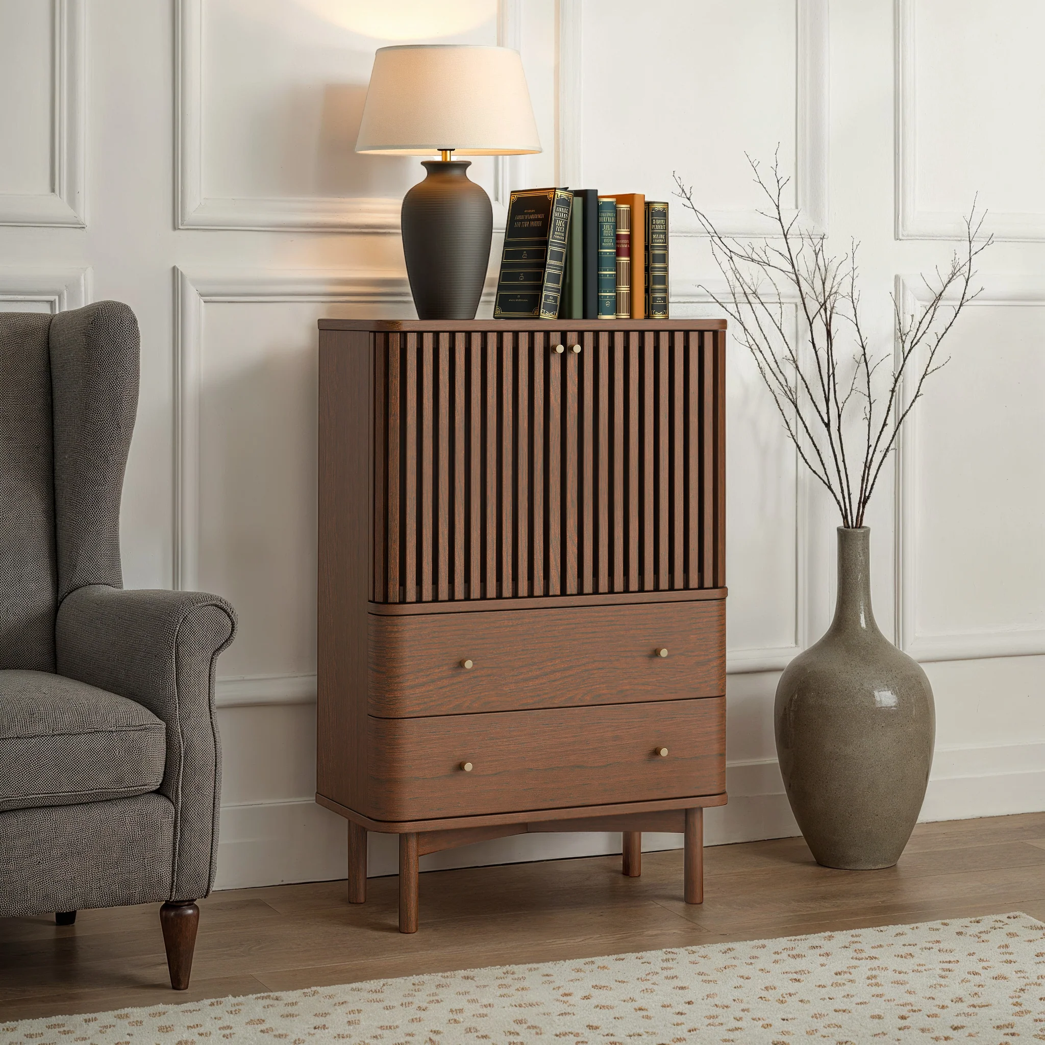 Shorwell Dark Oak Slatted 2 Drawer 2 Door Cabinet - Image 2
