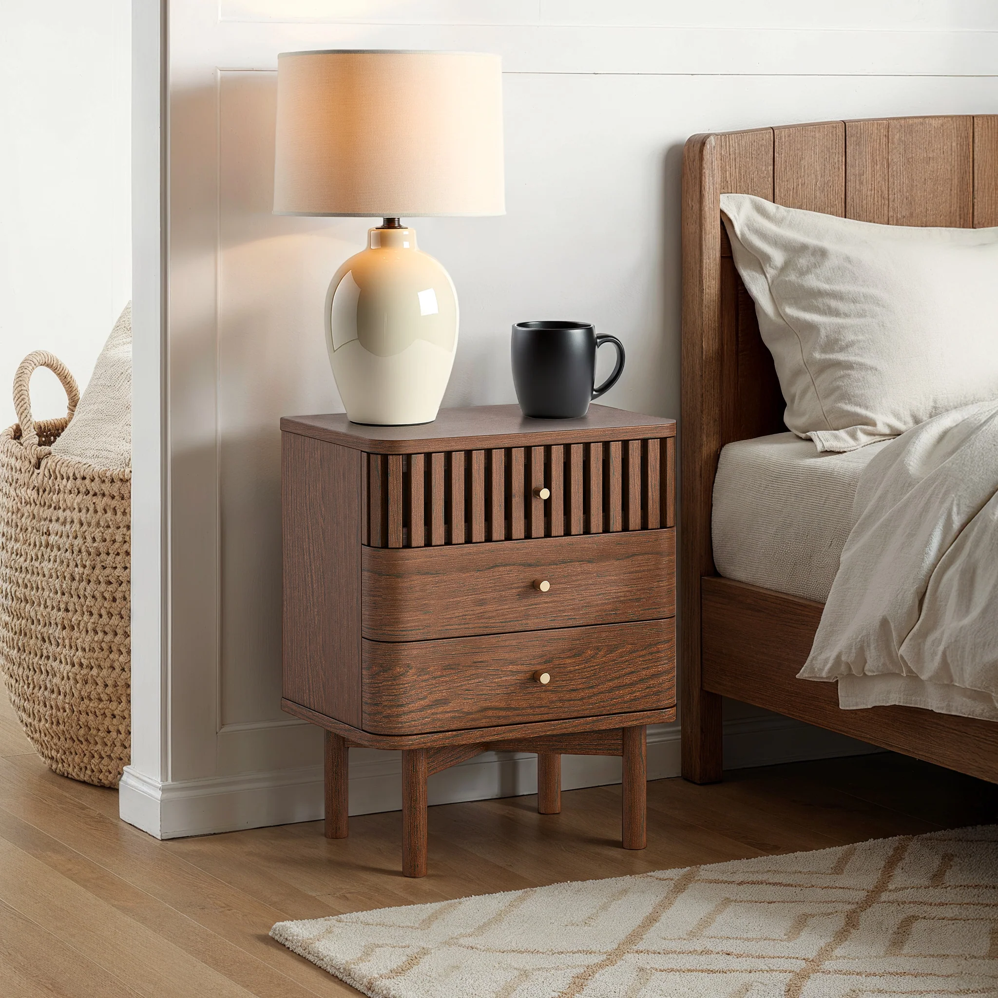 Shorwell Dark Oak Slatted 3 Drawer Bedside Table - Image 2
