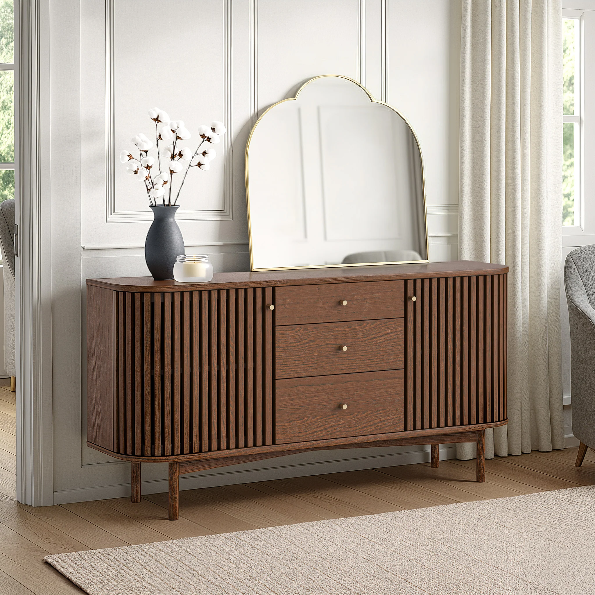 Shorwell Dark Oak Slatted 3 Drawer Sideboard - Image 2