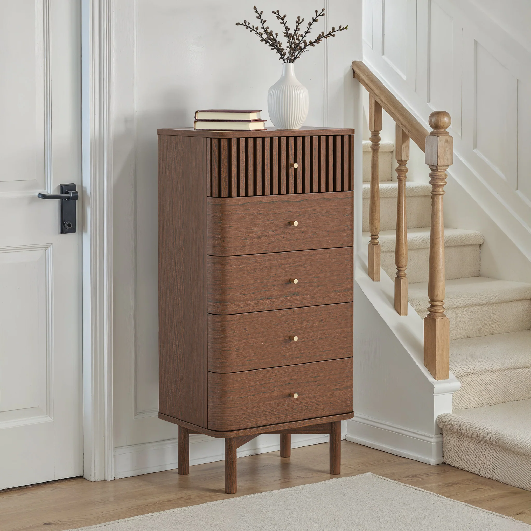 Shorwell Dark Oak Slatted 5 Drawer Tallboy Chest - Image 2