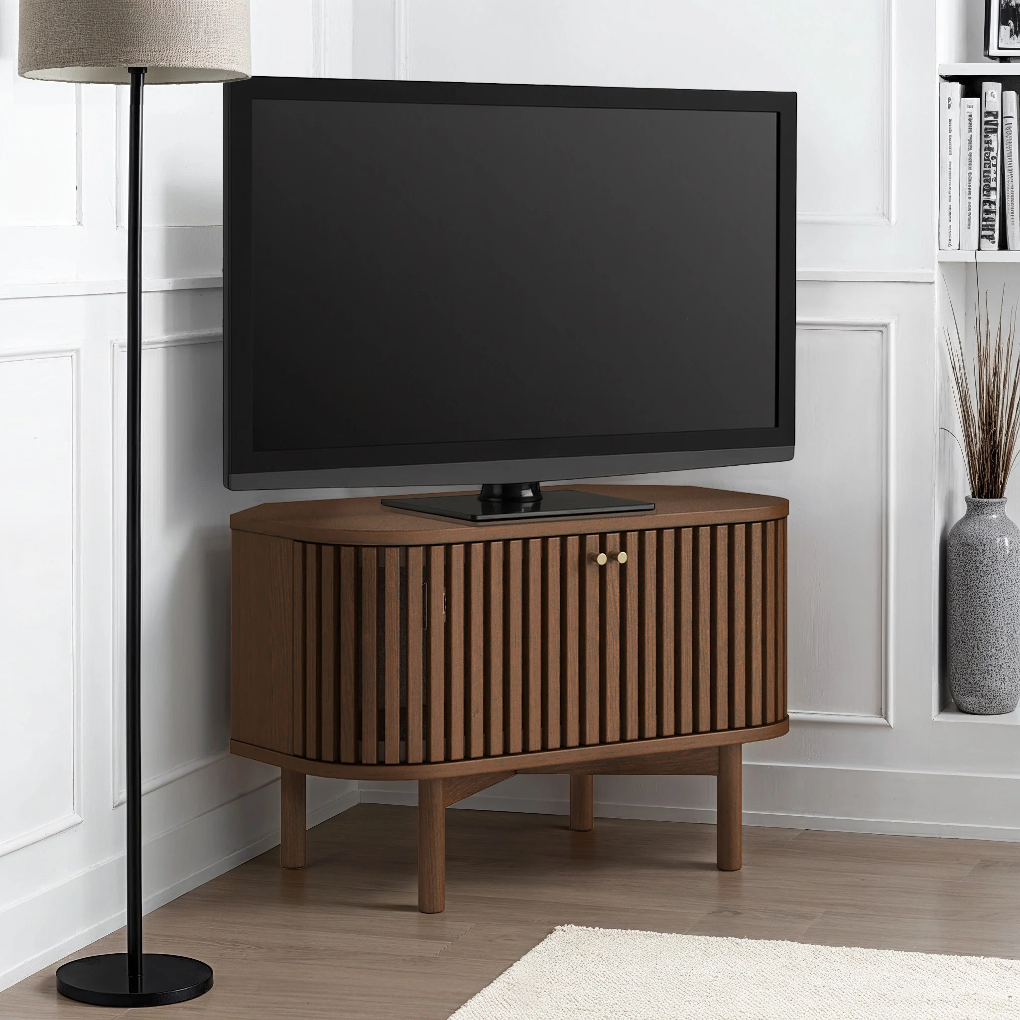 Shorwell Dark Oak Slatted Corner TV Unit - Image 2