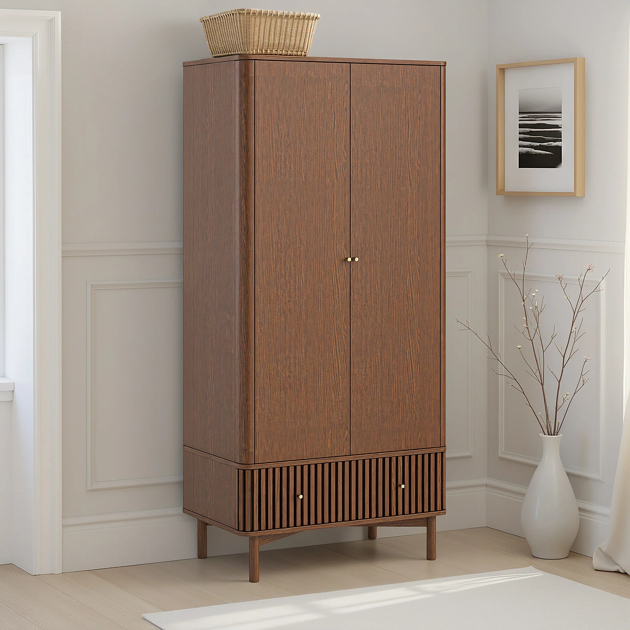 Shorwell Dark Oak Slatted Double Wardrobe with Drawer - Image 2