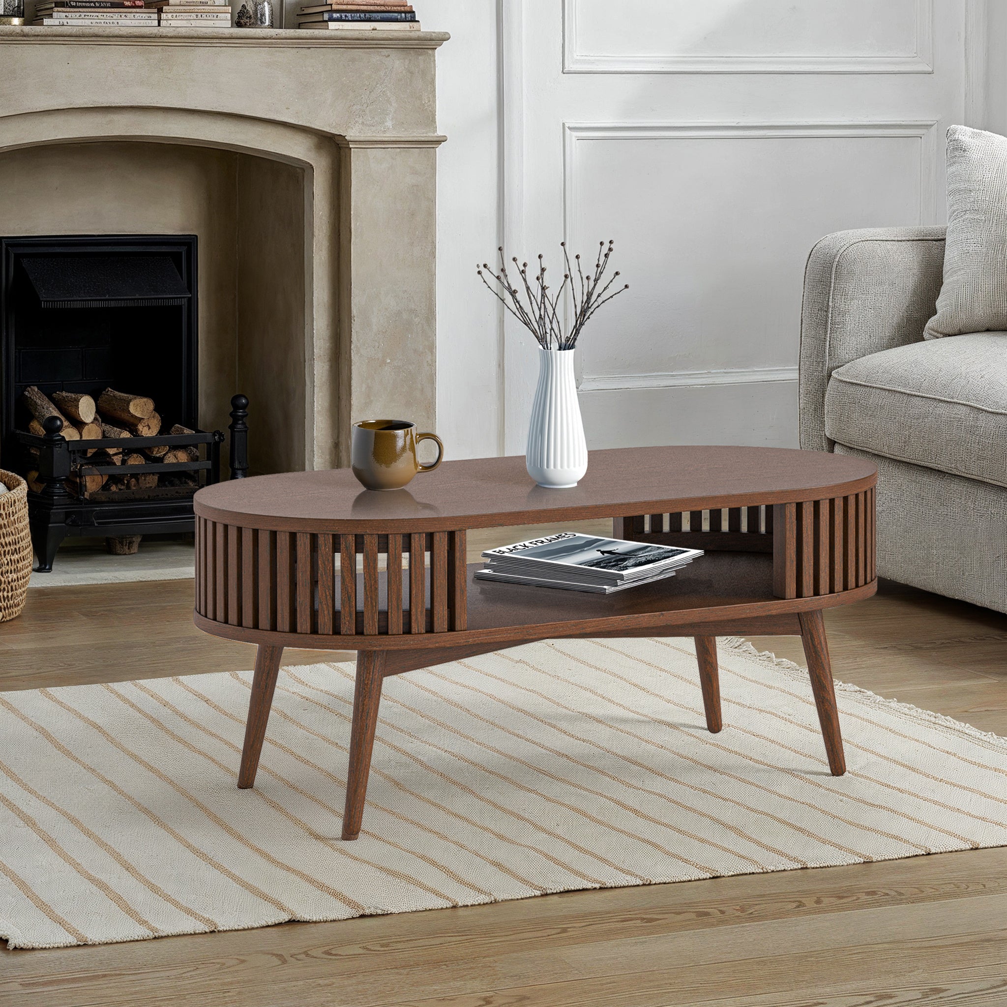 Shorwell Dark Oak Slatted Open Shelf Oval Coffee Table - Image 2