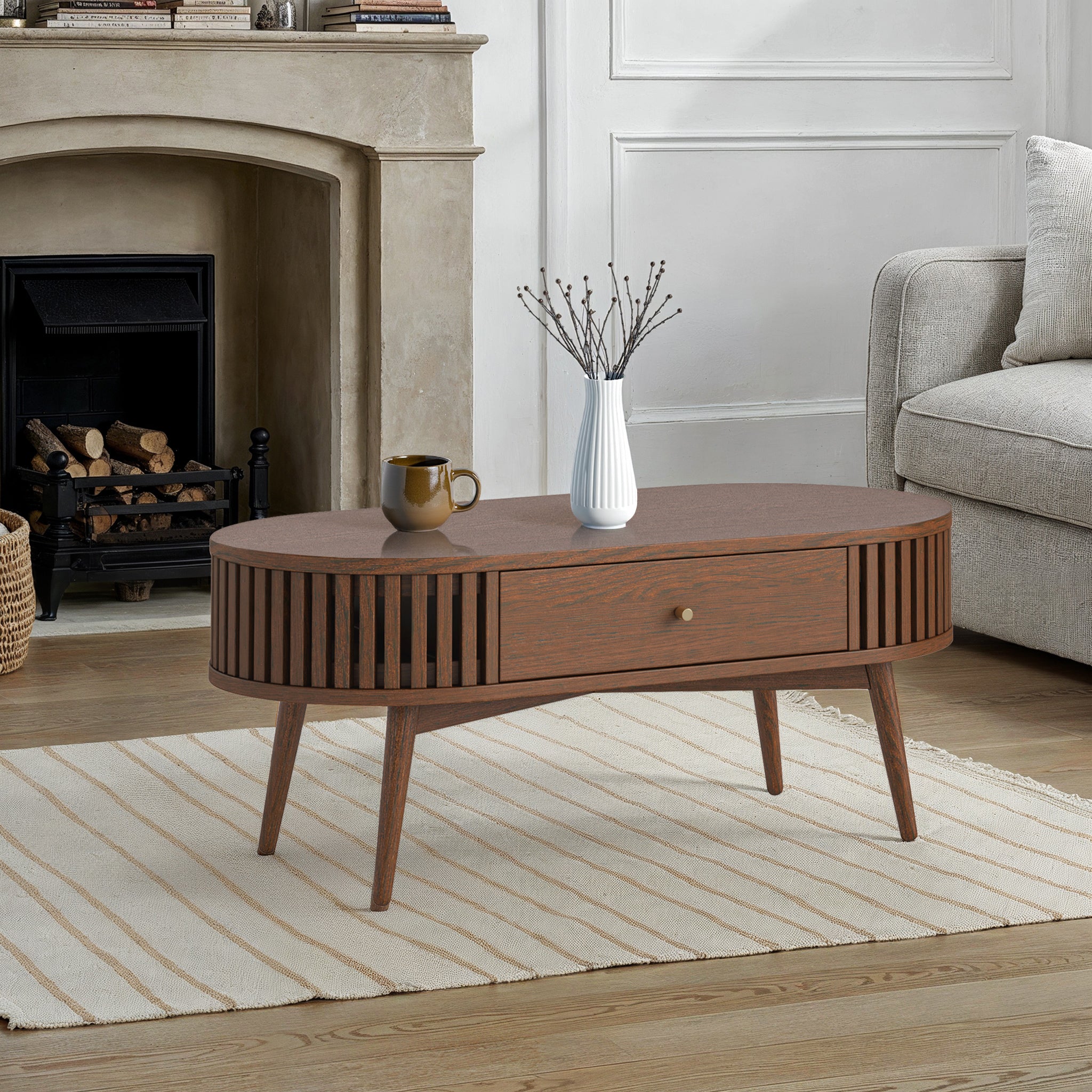 Shorwell Dark Oak Slatted Oval 1 Drawer Coffee Table - Image 2