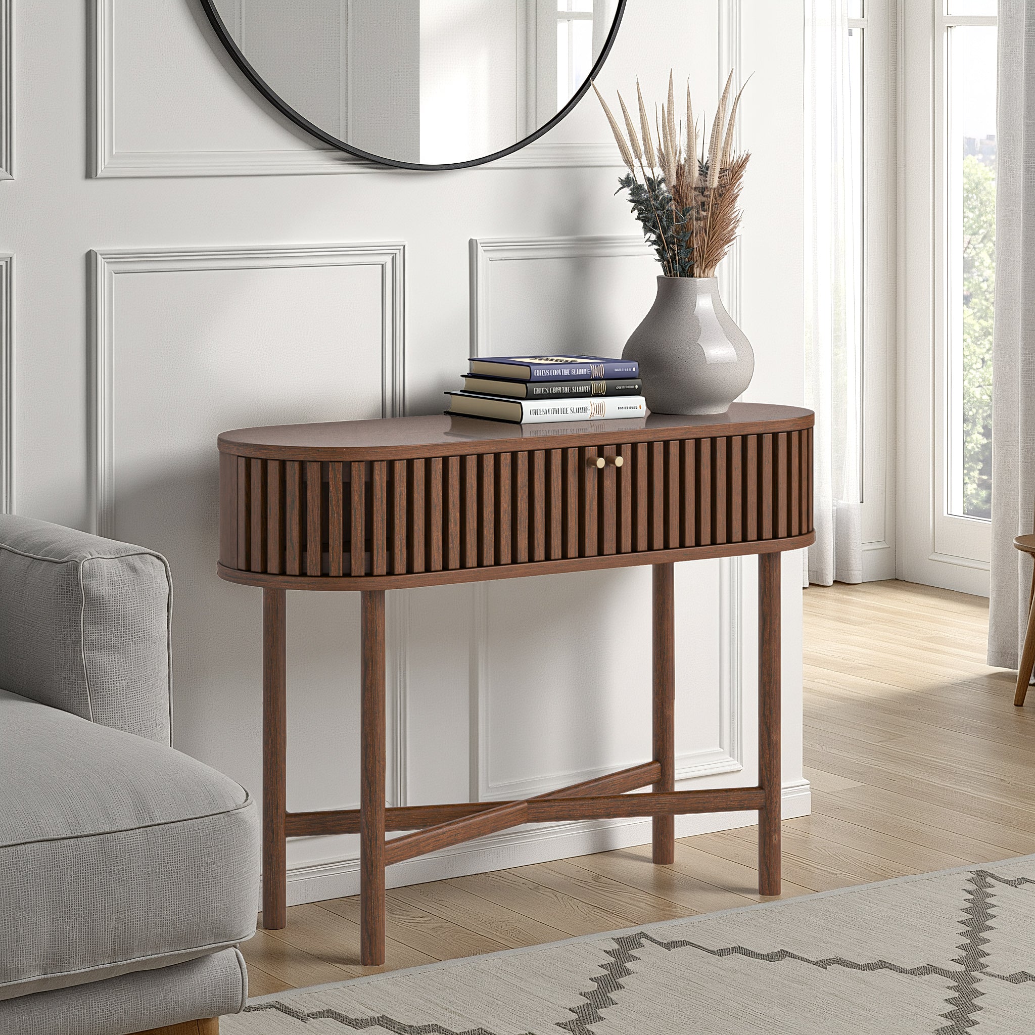 Shorwell Dark Oak Slatted Oval Console Table - Image 2