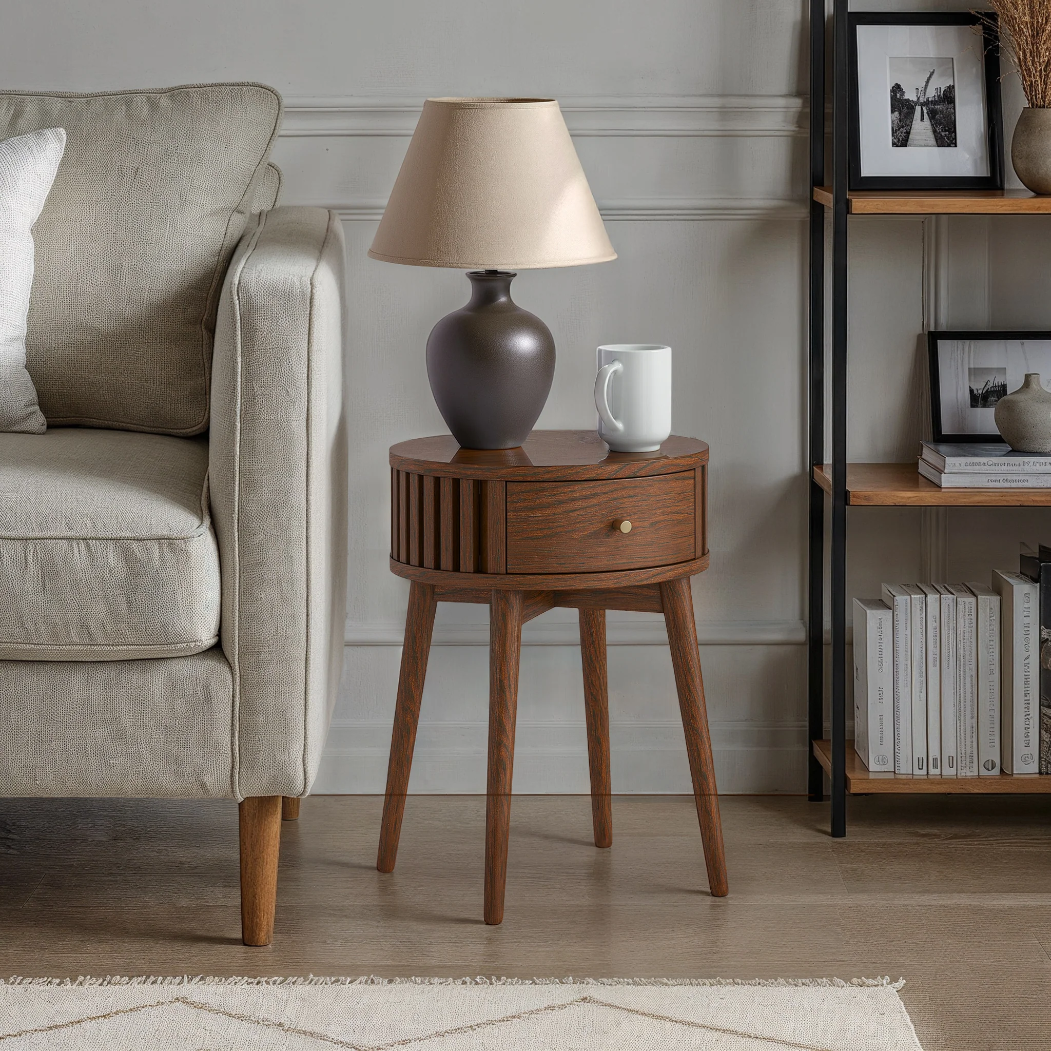 Shorwell Dark Oak Slatted Round 1 Drawer Side Table - Image 2