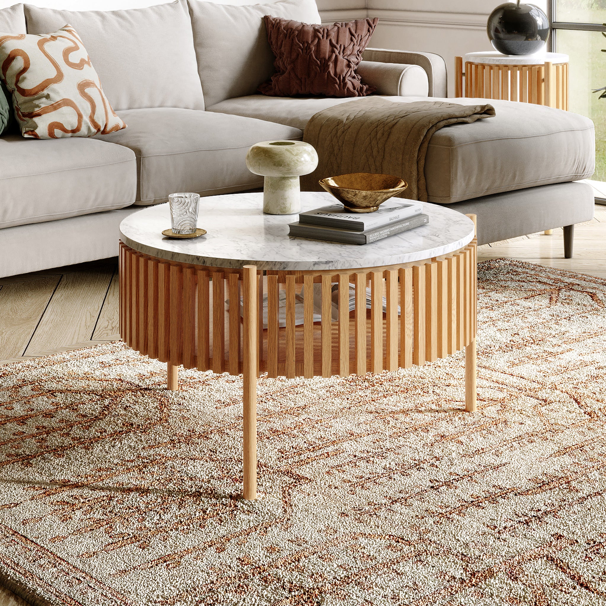 Shorwell Oak & Marble Slatted 1 Door Coffee Table - Image 2