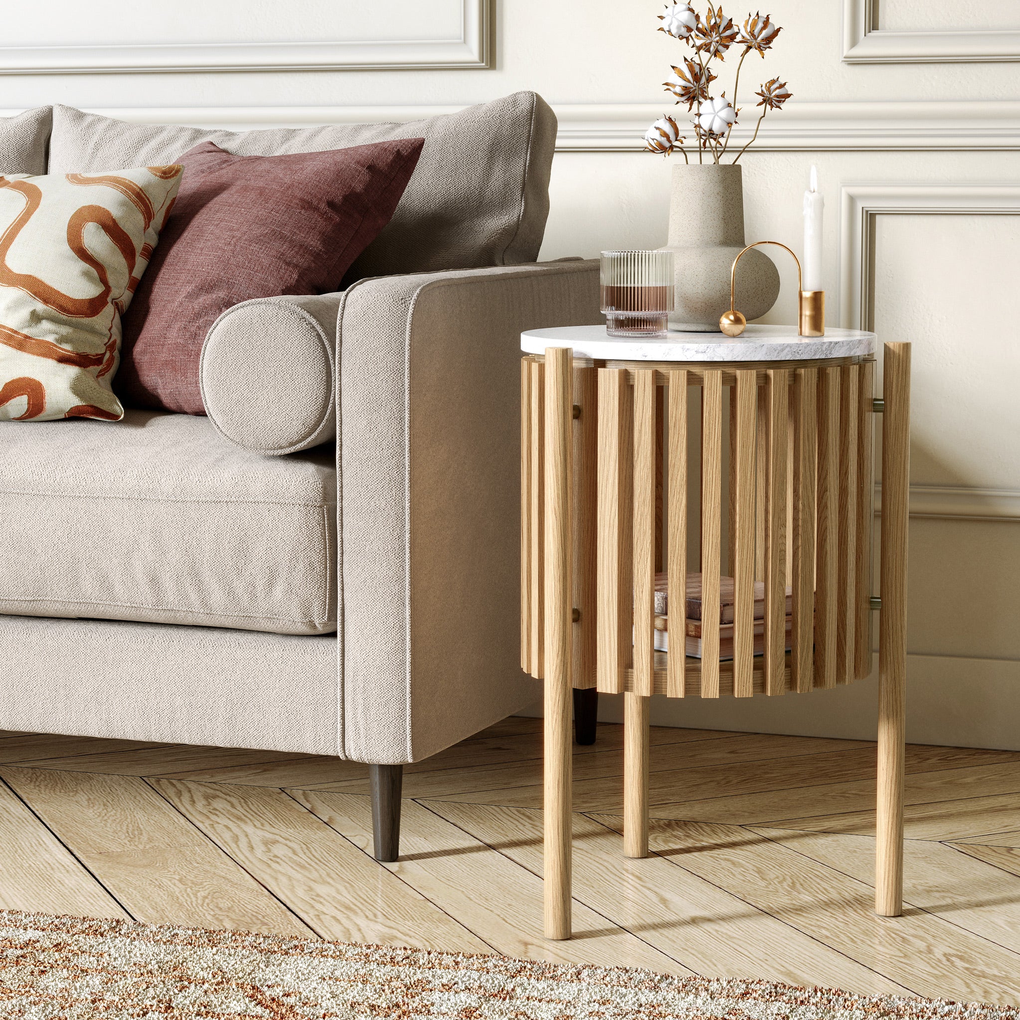 Shorwell Oak & Marble Slatted 1 Door Side Table - Image 2