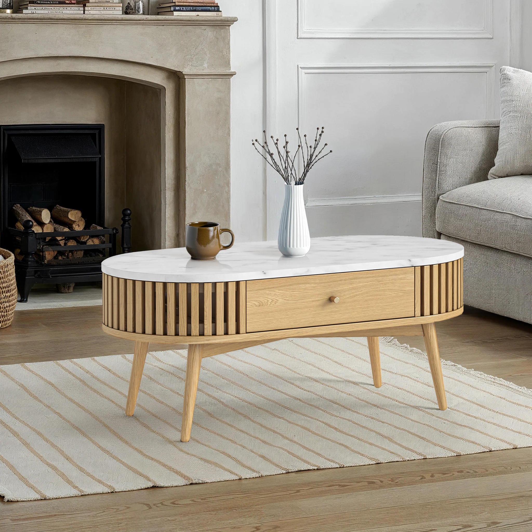 Shorwell Oak & Marble 1 Drawer Oval Coffee Table - Image 2