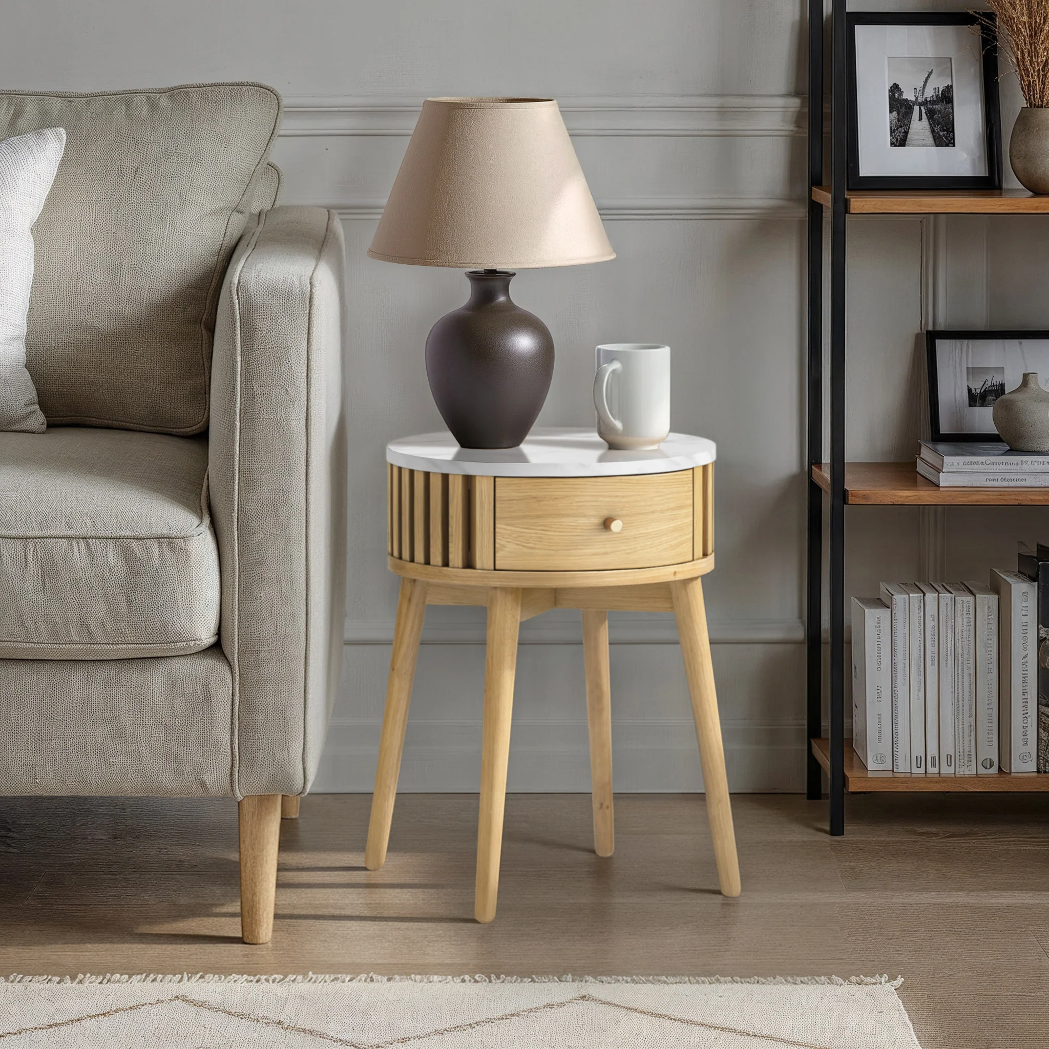 Shorwell Oak & Marble Slatted 1 Drawer Side Table - Image 2